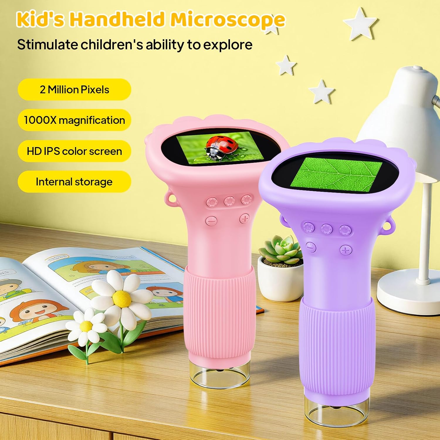 Kids Magnifying Glass, 2.0 Inch Digital Screen Mini Pocket Microscope for Bug - 200x Zoom Handheld Microscope with Adjustable Lights, Edu Birthday Gifts for Age 3-12 Girls