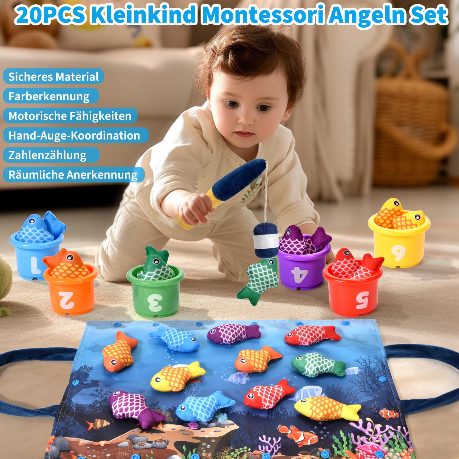 Tokiyis Gioco Montessori Pesca per Bambini 1-3 Anni - 12 Pesci Morbidi con Retino, Giocattolo Educativo per Sviluppo Motricità Fine e Coordinazione, Neonati 12-18 Mesi e Bambini