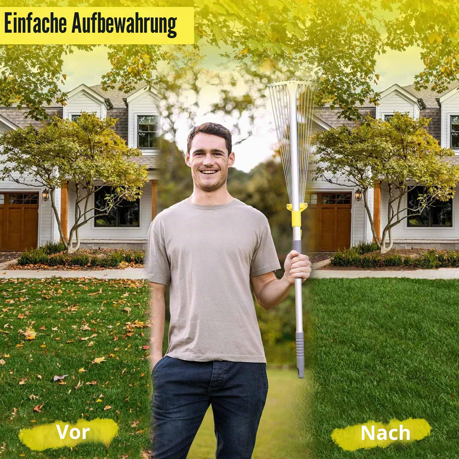 Jardineer Laubrechen mit Stiel, Gartenrechen mit verstellbarem Kopf 18-59cm, Laubharke Metall für Rasenflächen, Laubbesen, Fächerbesen Rasenrechen zum Kehren von Laub, Kiefernnadeln