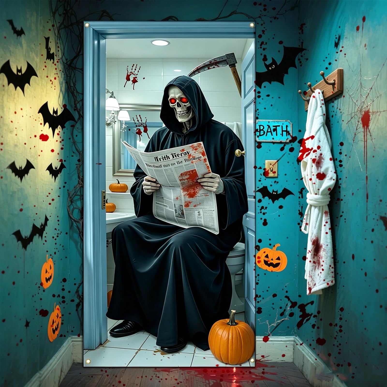 Qylazune Green Halloween Decorations Door Cover, 180X90cm Grim Reaper Halloween Door