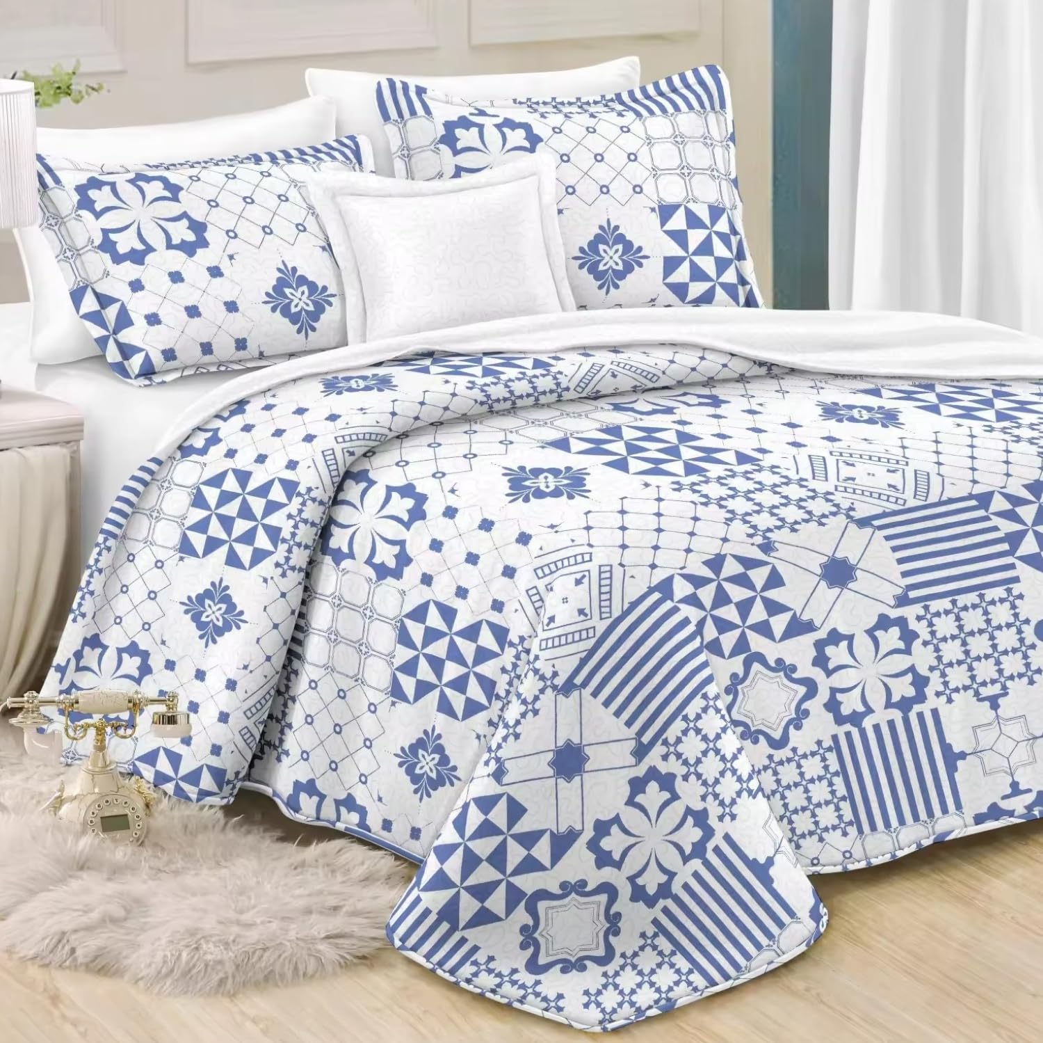 Colcha Boutí Estampado, Colcha de Verano Ligera, Cubrecama + 2 Fundas Almohada para Todas Las Estaciones, Hogar y Hosteleria(Cama Matrimonio 135cm, Patch Azul)