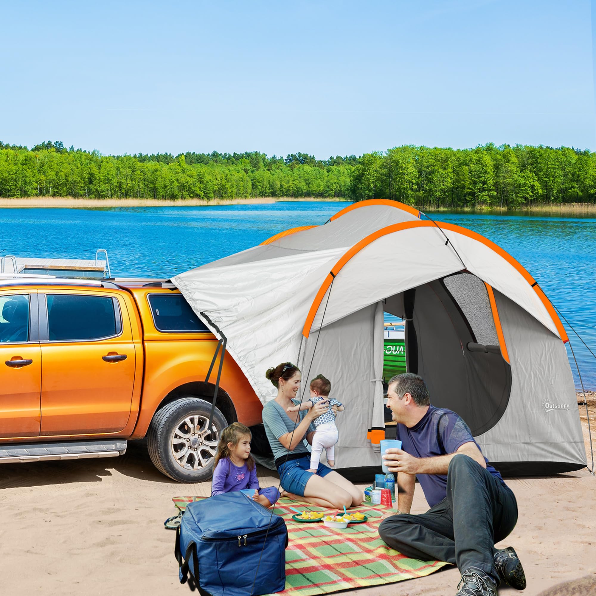Outsunny Tenda per Auto Impermeabile a 3 Porte con Finestra in Rete, Tenda da Esterno in Poliestere, PE e Fibra di Vetro, 2.4x2.1x2.1m, Grigio e Arancione
