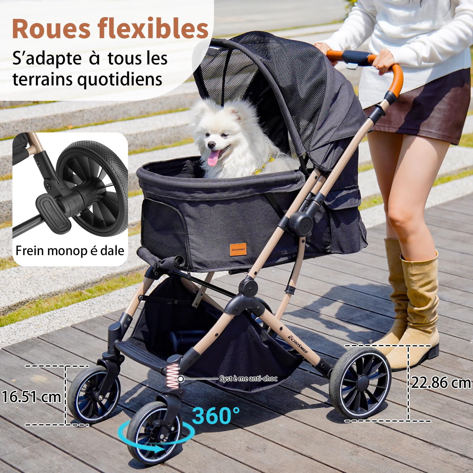 EchoSmile Poussette Pour Chien Pliable en un Bouton, Poussette Chien 20kg Tout Terrain avec Poignée Réversible, Absorption Des chocs et Coussinet Amovible Lavable (Noir)