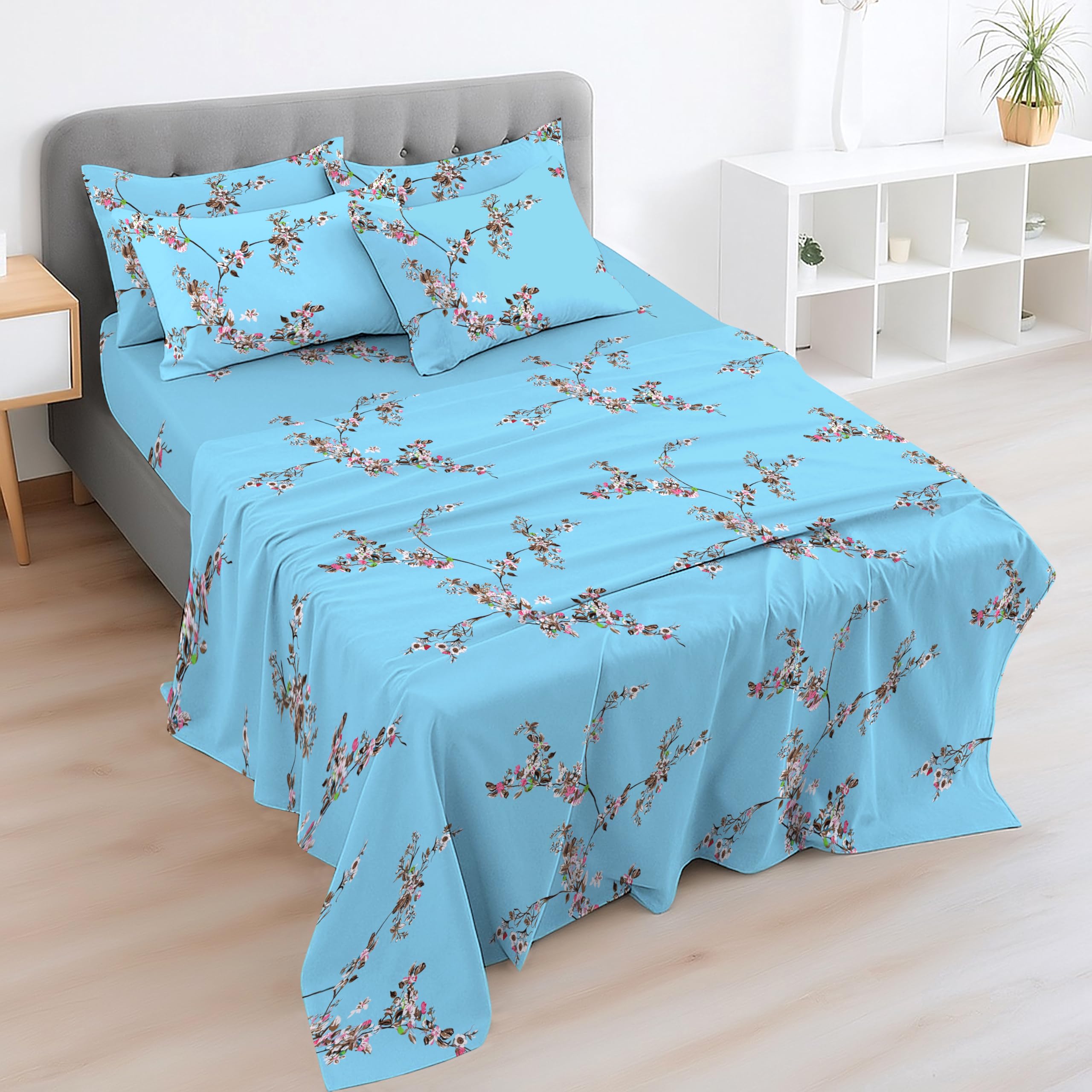 EverSoft Bedding 4-Piece Small Double Bed Sheet Set (4FT) | 100% Egyptian Cotton 400TC | Deep Fitted Sheet + Flat Sheet & 2 Pillowcases | Soft Cooling Floral Printed Luxury Bed Linen