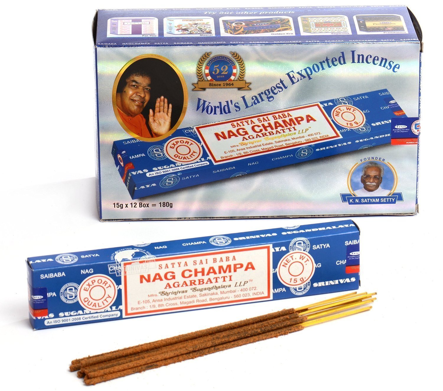 Satya Sai Baba Nag Champa Incense Sticks Agarbatti 180 Grams Box | 12 Packs of 15 Grams Each in a Box | Export Quality