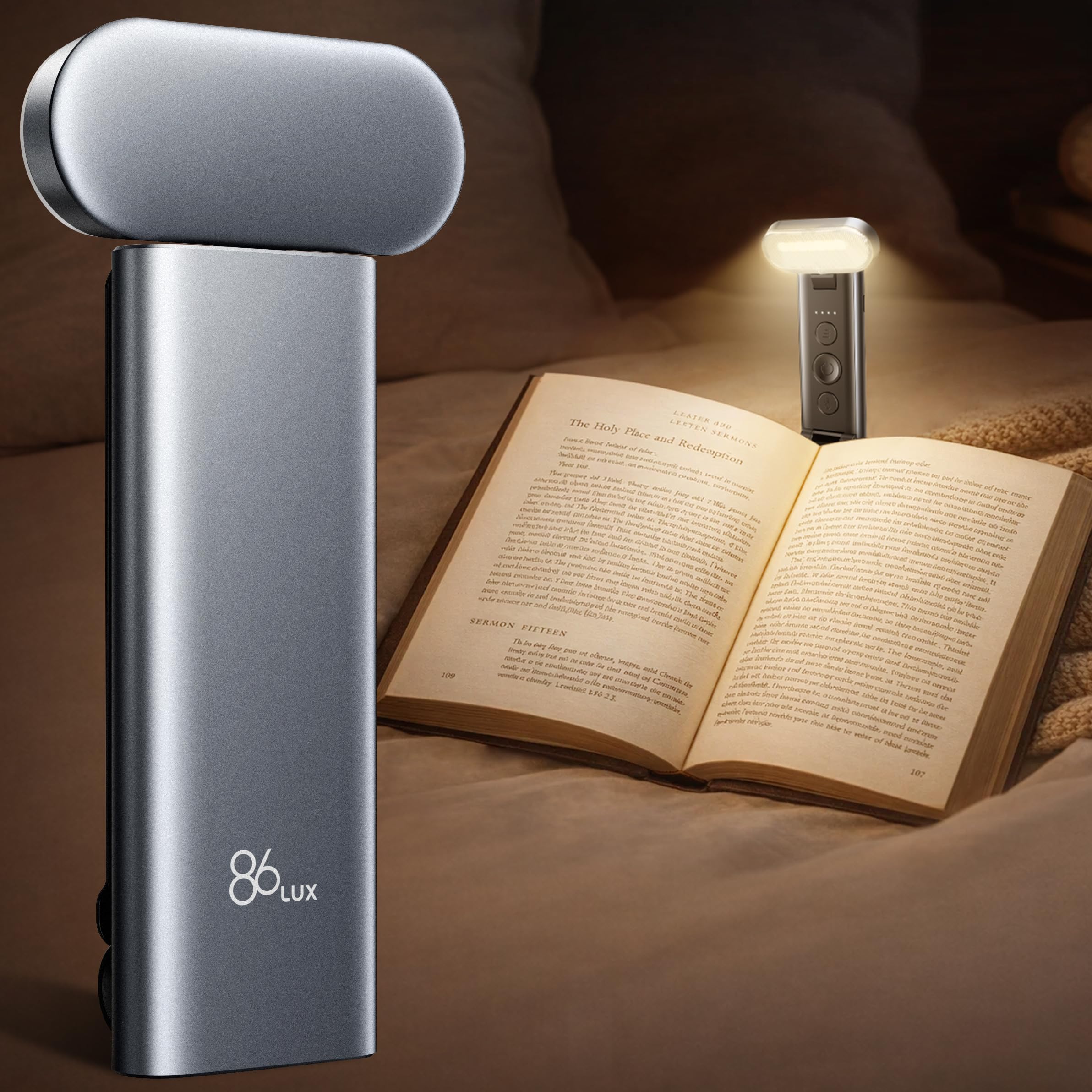 86lux Book Light, Reading Light for Book in Bed, USB Rechargeable LED Night Light with 3 Colors & Limitless Dimming, Aluminum Alloy Bookmark Light for Book Lovers,Technology Black