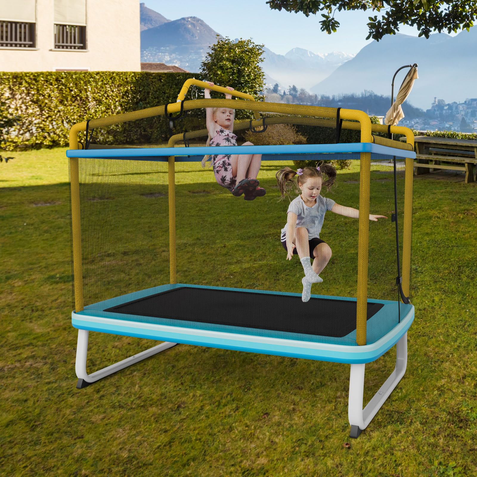 KOMFOTTEU Trampolino per Bambini 3-8 Anni, Tappeto Elastico Bambini 3 in 1 con Altalena Rimovibile e Barra Orizzontale, Saltarello da Esterno e Interno, Portato 110 kg, 190 x 124 x 172 cm