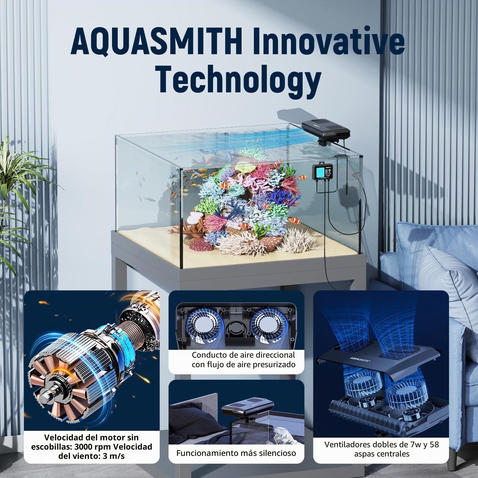 AQUASMITH Ventilador Enfriador de Acuario, Enfriador de pecera con Control de Temperatura, Ajuste mínimo de 15.0 °C, Arranque y Parada automática, Efecto de refrigeración de -14.8 a 12.8 °C, 3 Modos