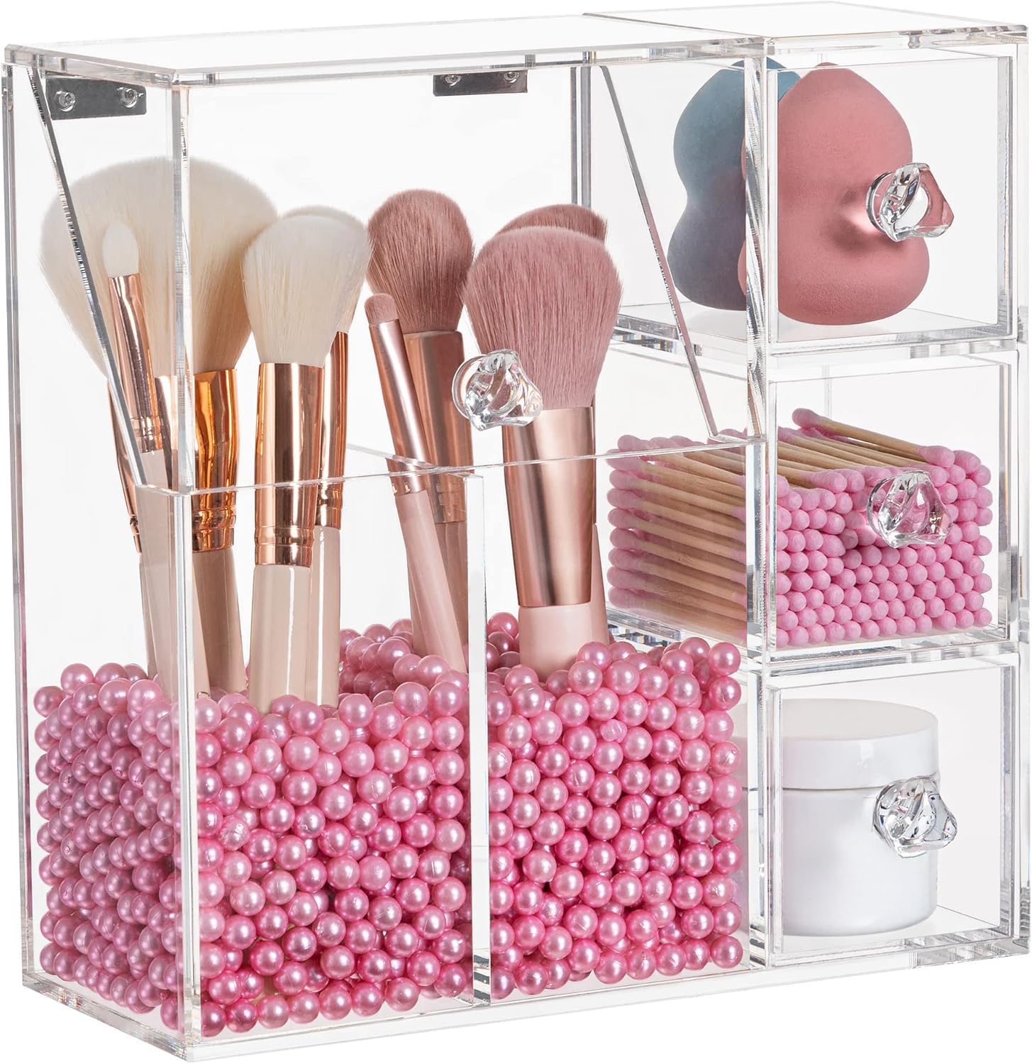 HBlife Makeup Brush Holder, Acrylic Makeup Organizer with 2 Brush Holders and 3 Drawers Dustproof Box, Free Pink Pearl Included