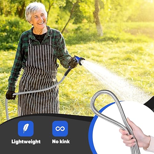 Miniatura 3 de Manguera de jardín de 25 pies, manguera de agua de metal de acero inoxidable con boquilla de 10 funciones, manguera ligera, sin torceduras, a prueba