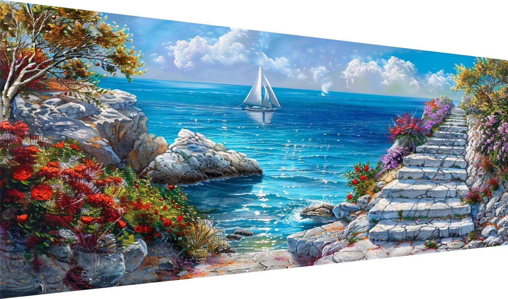Kit Peinture Diamant 5D Paysage Bord De Mer Bateau - Broderie Diamant 30x40cm Pour Adultes