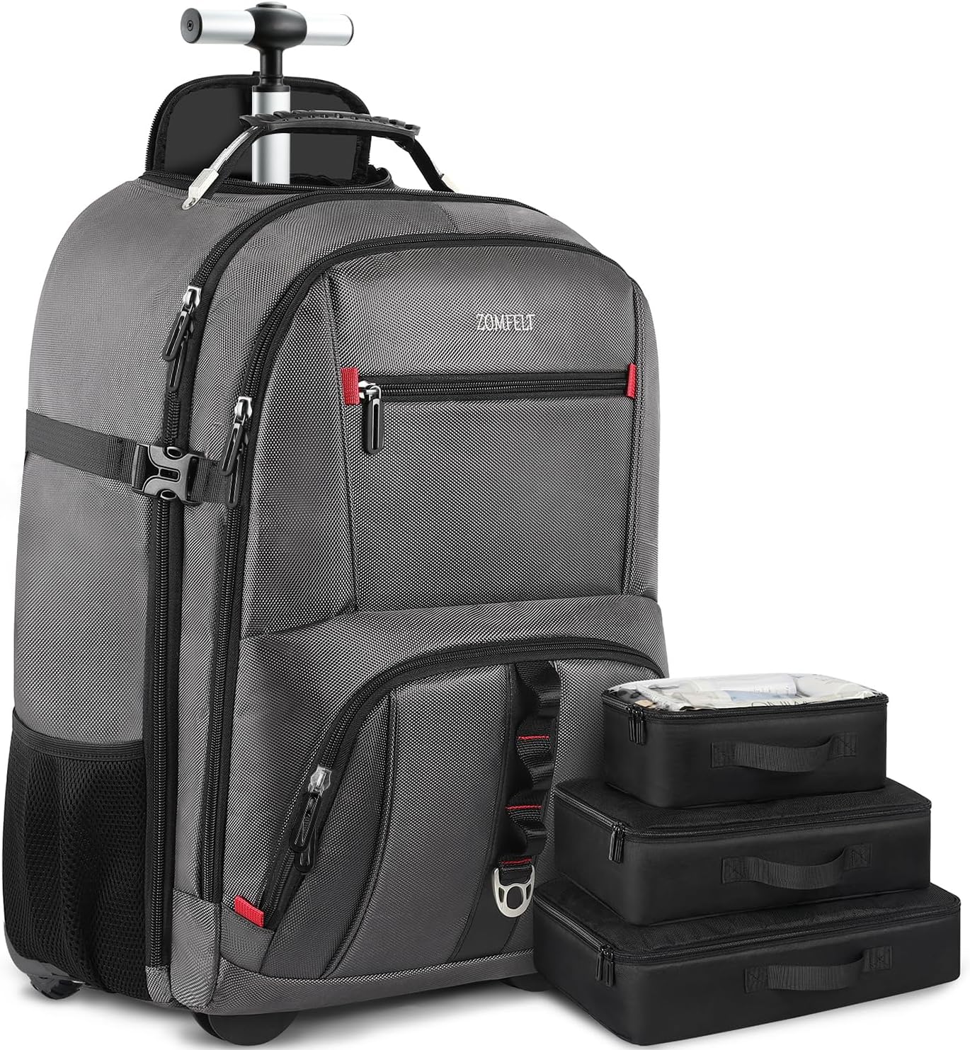 ZOMFELT Rolling Backpack, Travel Backpack with Wheels, Carry on Backpack with 3 Packing Cubes, 17.3 Inch Wheeled Laptop Backpack for Men Women Adults to Travel Work Business Grey