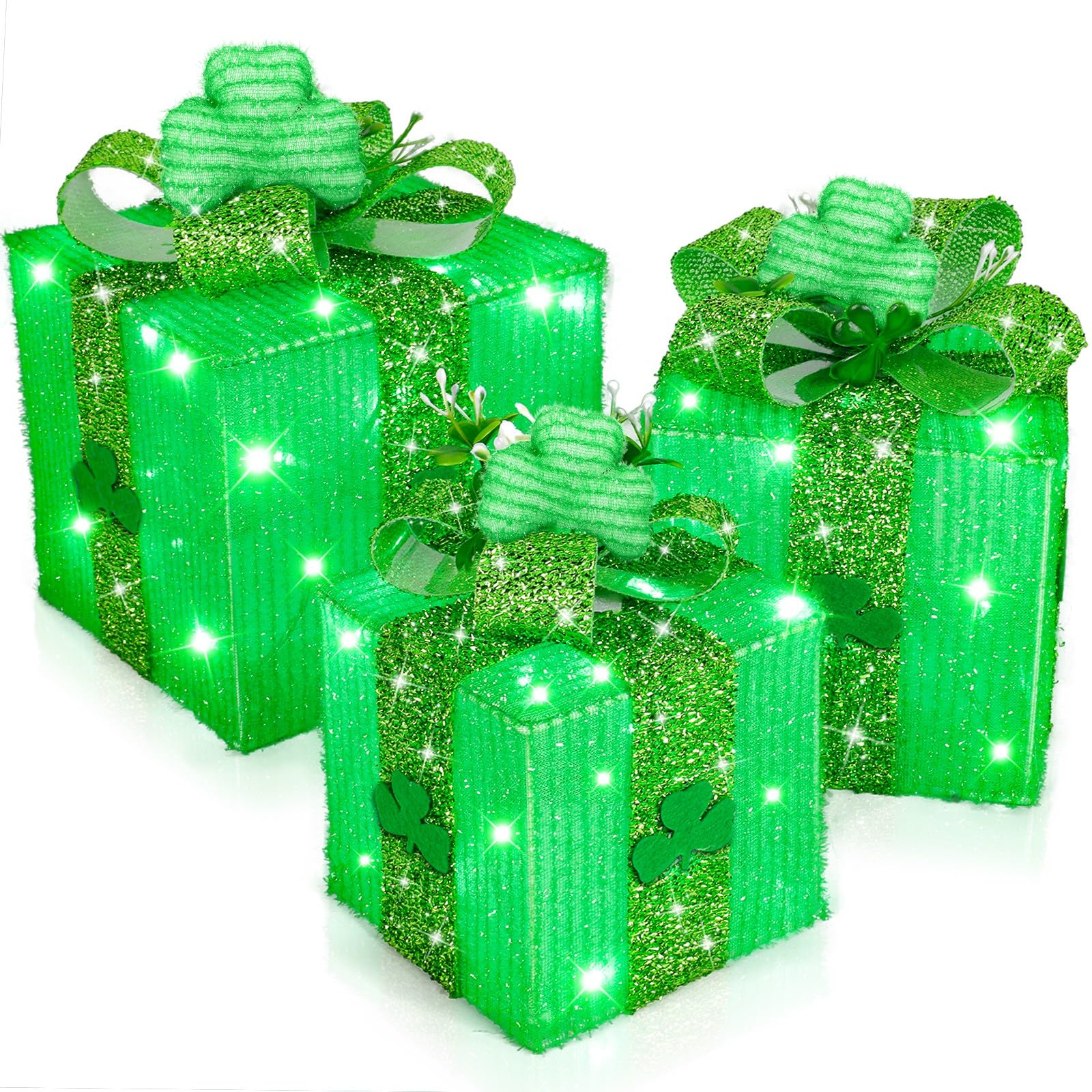 Timer & 8 Mode 3 Pack St Patricks Day Decorations Lighted Gift Boxes with 3D Shamrocks 60 LED Glitter Tinsel St Patrick's Day Decor Battery Operated Light Up Clover Present for Outdoor Home Room Decor