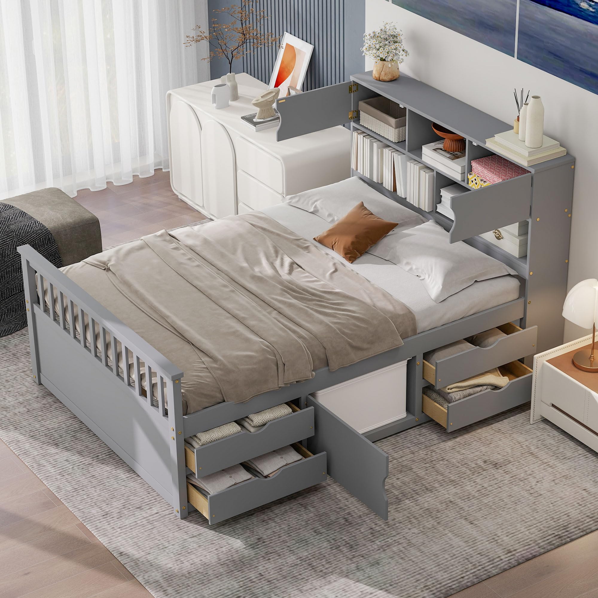 Merax Full Size Modern Captain Platform Bed Frame with Storage Shelves, 4 Drawers & Bookcase Headboard, Grey