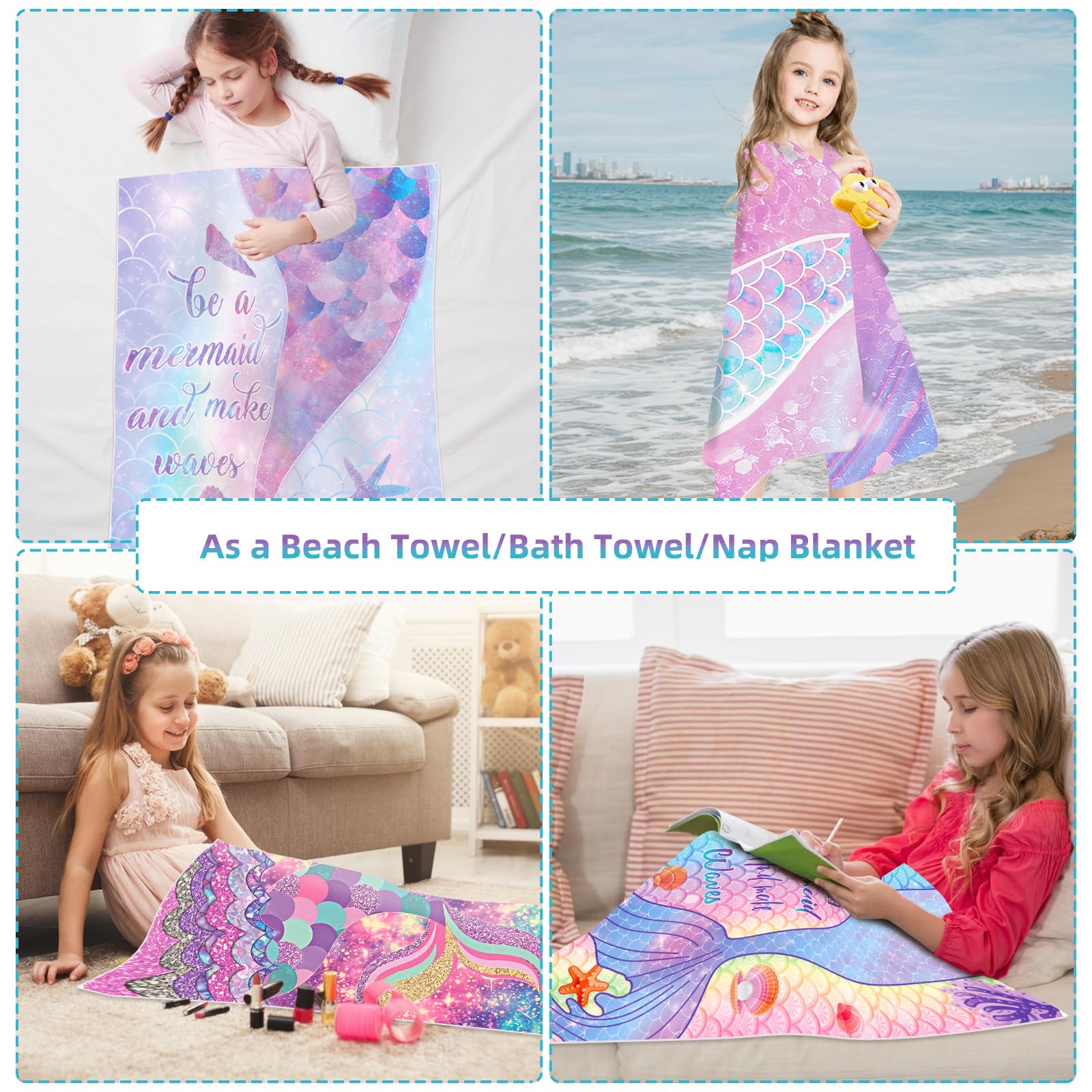 Cyiecw 75x150 cm Meerjungfrau Strandtuch für Mädchen, Schnell Trocknend Strandhandtuch mit Tasche, Mikrofaser Badetuch Ultra Saugfähig für Strand Reise Schwimmen (1)