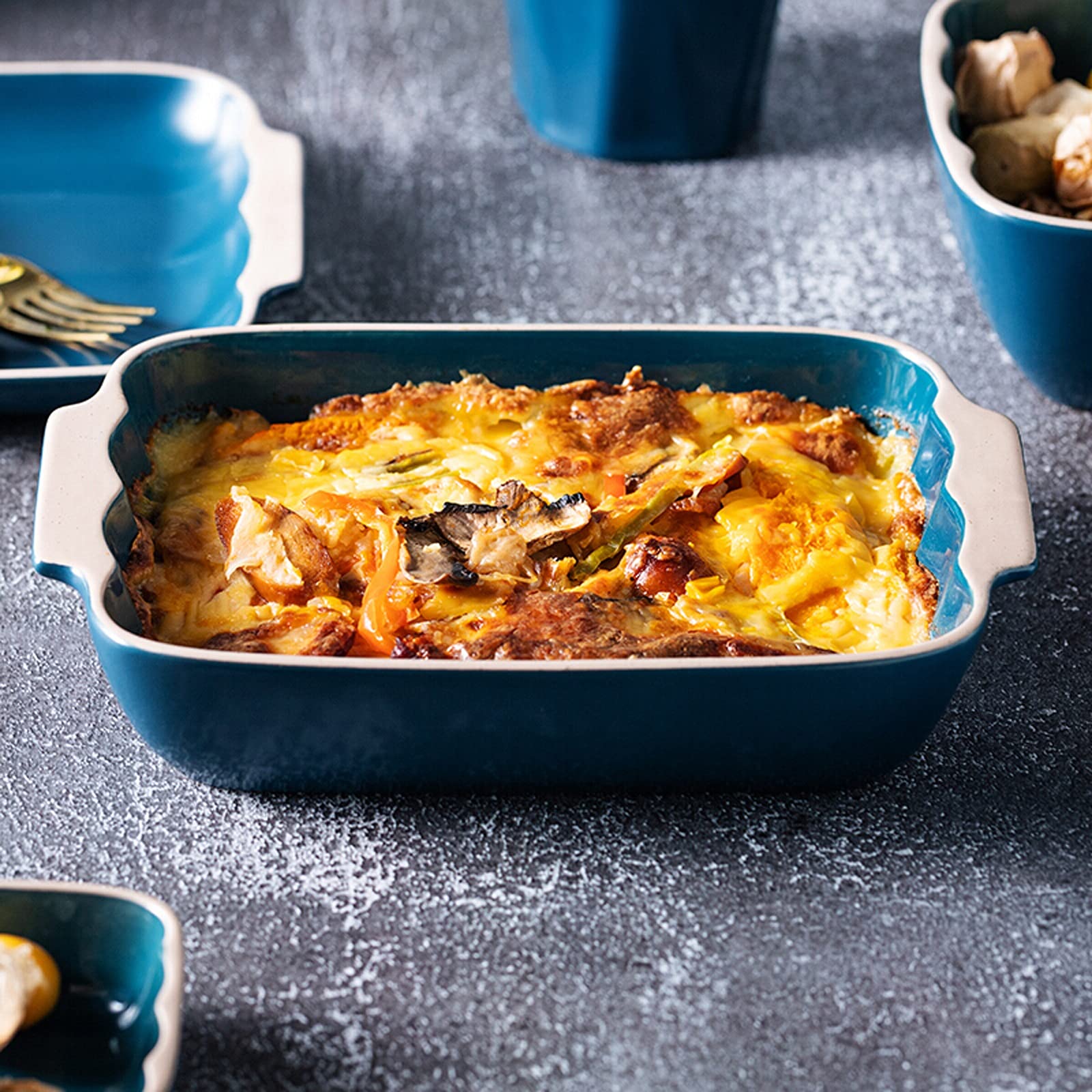 Fuente para Hornear Casserole rectangular Pan para hornear Pan Multi Baker plato, plato para hornear con asa, plato de cazuela de cerámica, Pan de lasaña para cenar y banquete, azul Bandejas Horno