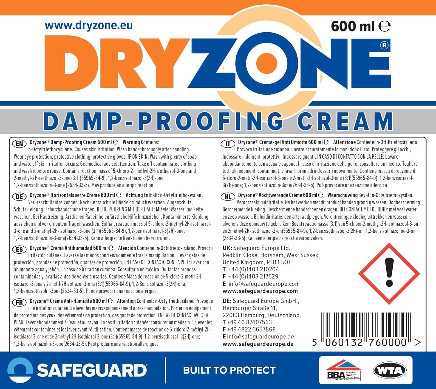 Dryzone Horizontalsperre Injektionscreme 600 ml - Gegen feuchte Wände und aufsteigende Feuchtigkeit - WTA zertifiziert - Feuchtigkeitssperre fürs Mauerwerk, auch für Kellerwände