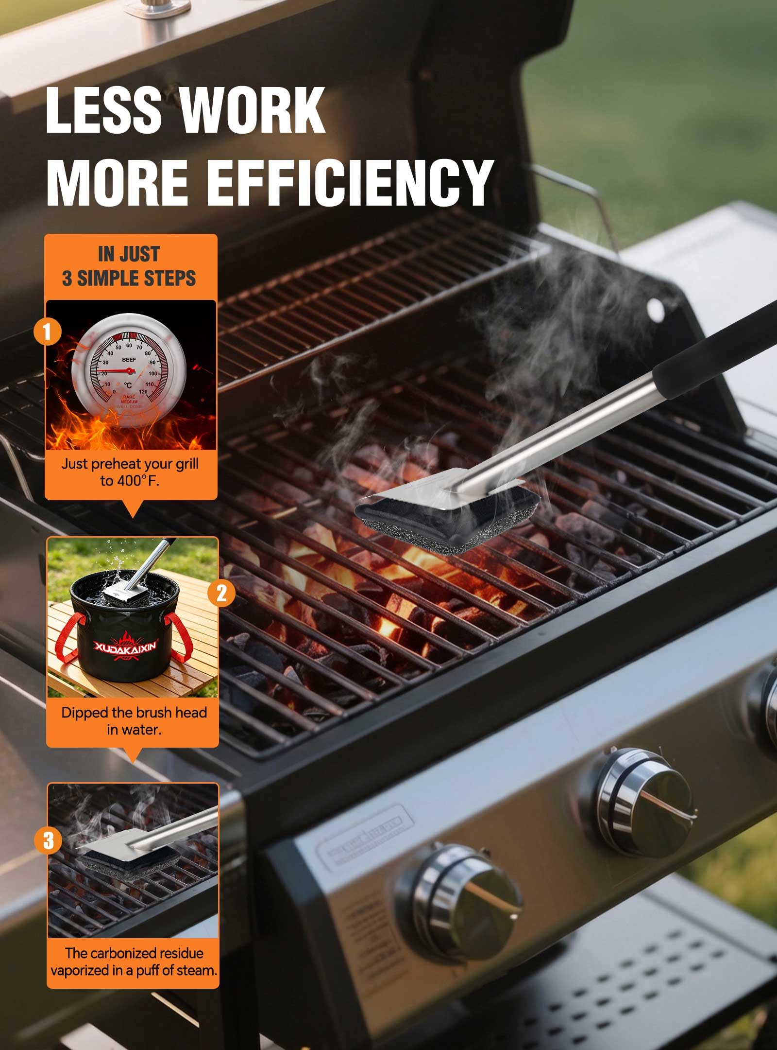 Bristle-Free Steam Grill Brush with 5 Replacement Pads - No Bristle Shedding.Unique Steel Fibers Pads Efficiently Deep Clean All Kinds of Grills A Safe Outdoor Grill Cleaner Gift for Men/Dad