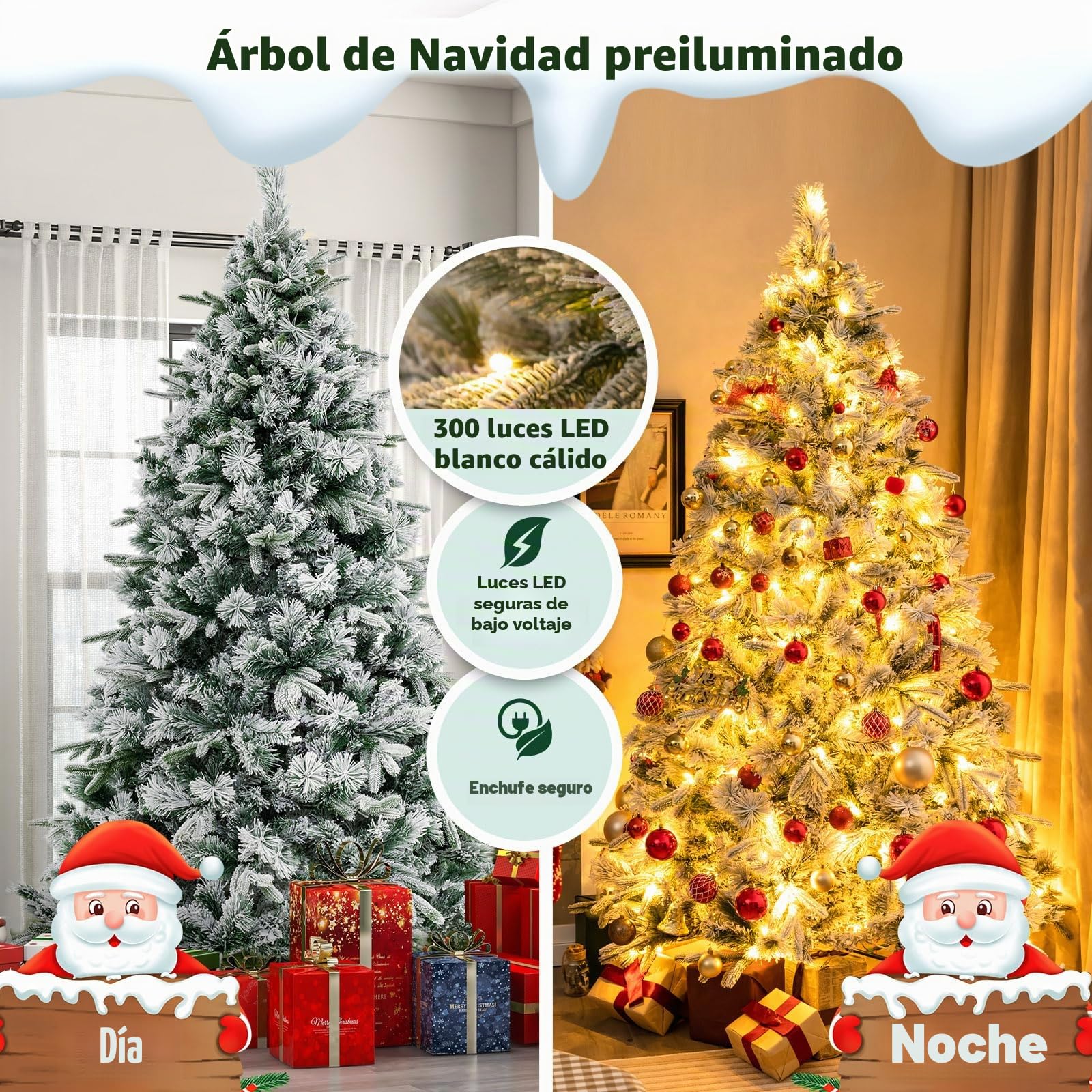 LIFEZEAL Árbol de Navidad Nevado de 215 cm con Luces LED Incorporadas, Árbol Artificial con 1096 Ramas Muy Frondosas, Nieve, Pop Up, Se Abre Solo, Ignífugo, Decoraciones, Interior, Exterior