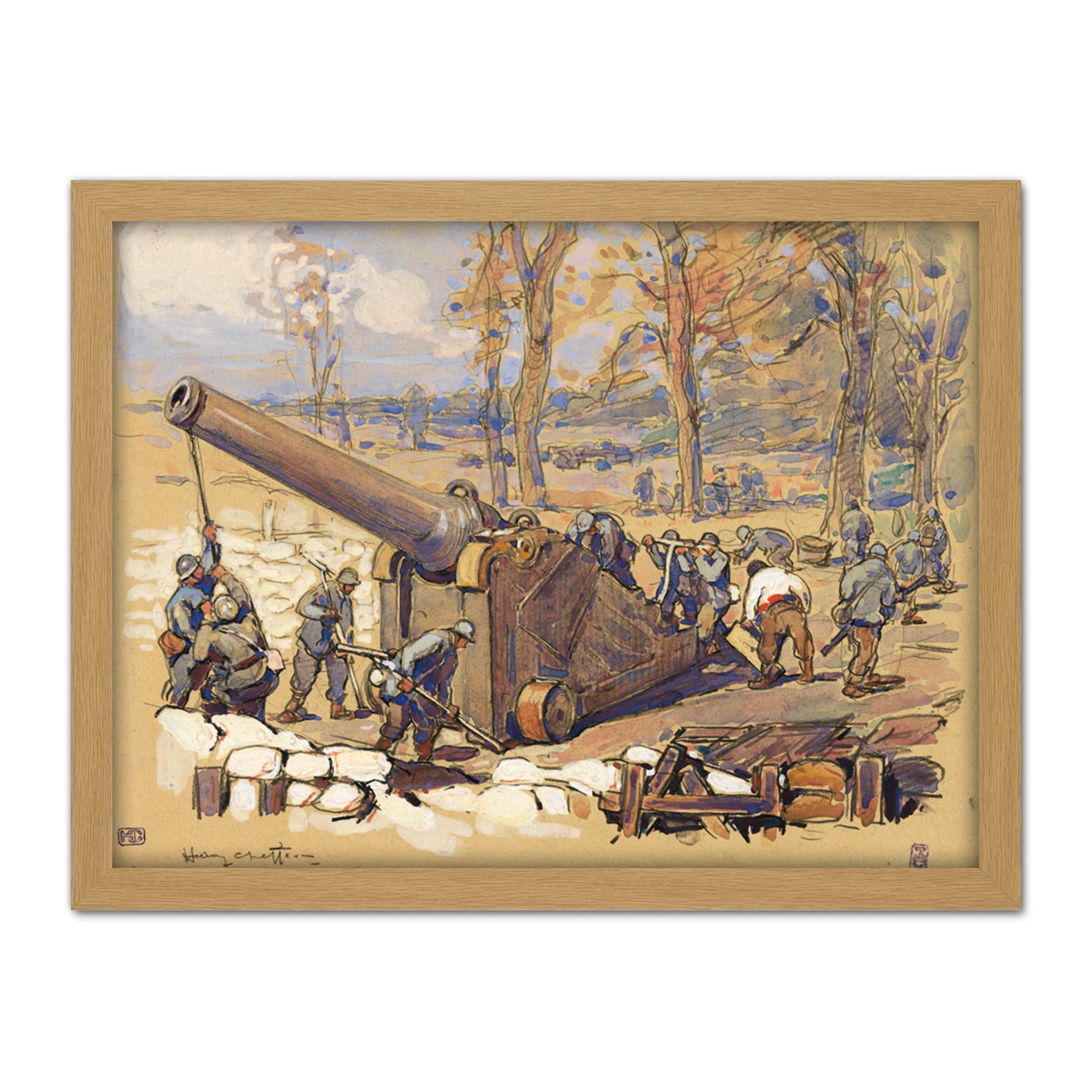 Cheffer Artillery Soldiers Cannon Gun WWI War Painting Large Framed Art Print Poster Wall Decor 18x24 in