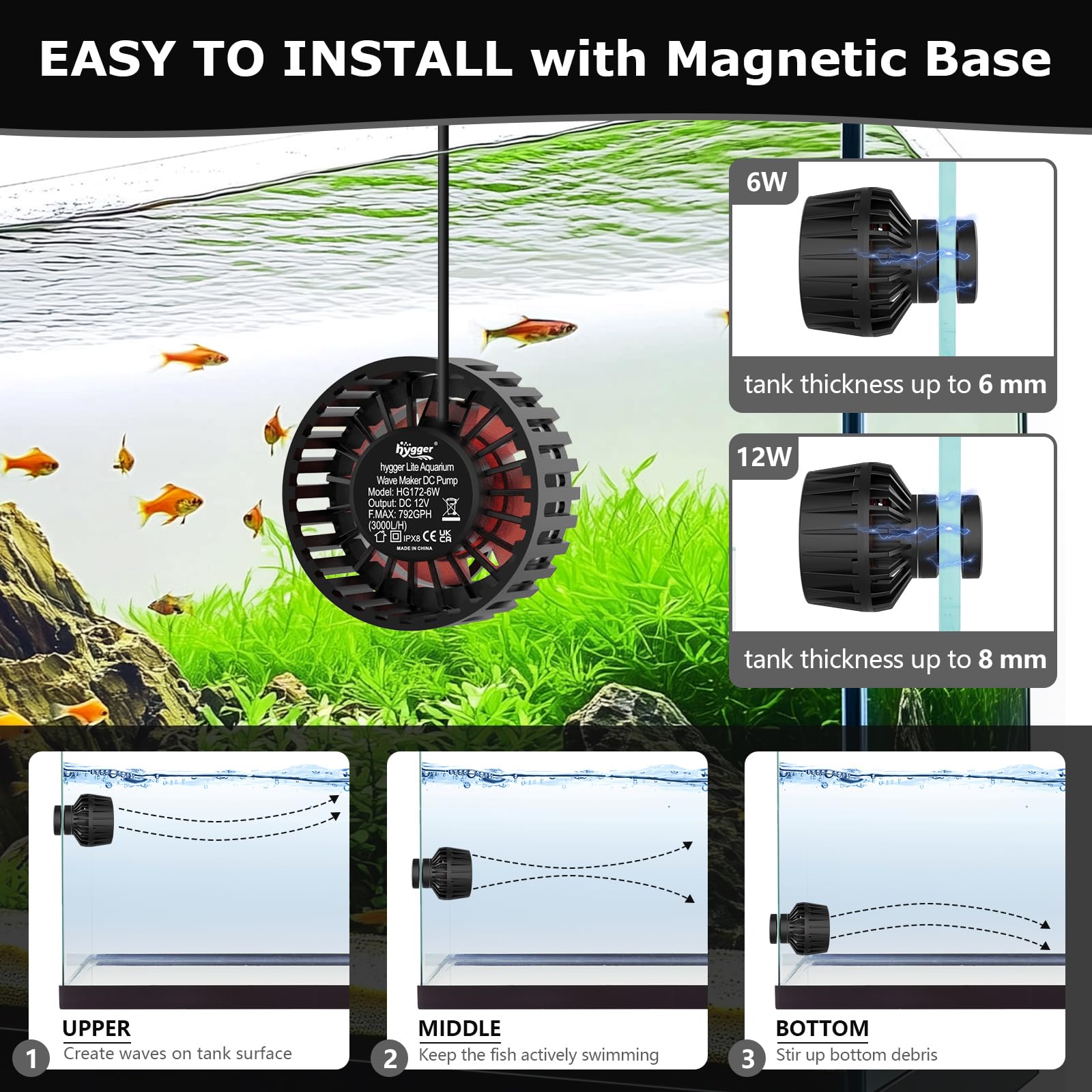 hygger Aquarium DC Créateur de Vagues 6W Pompe à Vagues pour Aquarium,3000LPH Pompe de Brassage Circulation 4 Modos de Onda pour 38-189L Réservoir à Poissons