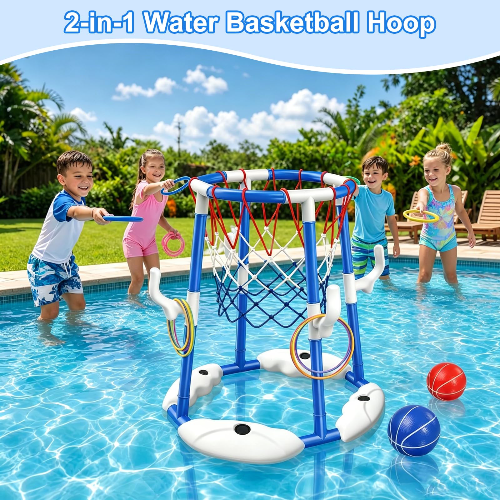 Pool Basketballkorb, 2-in-1 Pool Basketballkorb mit Ringwurfspiel für Kinder und Erwachsene mit 2 Bällen, 12 Ringen und Pumpe, Schwimmender Pool-Basketballkorb für Wasserspielzeug Sommer-Poolparty