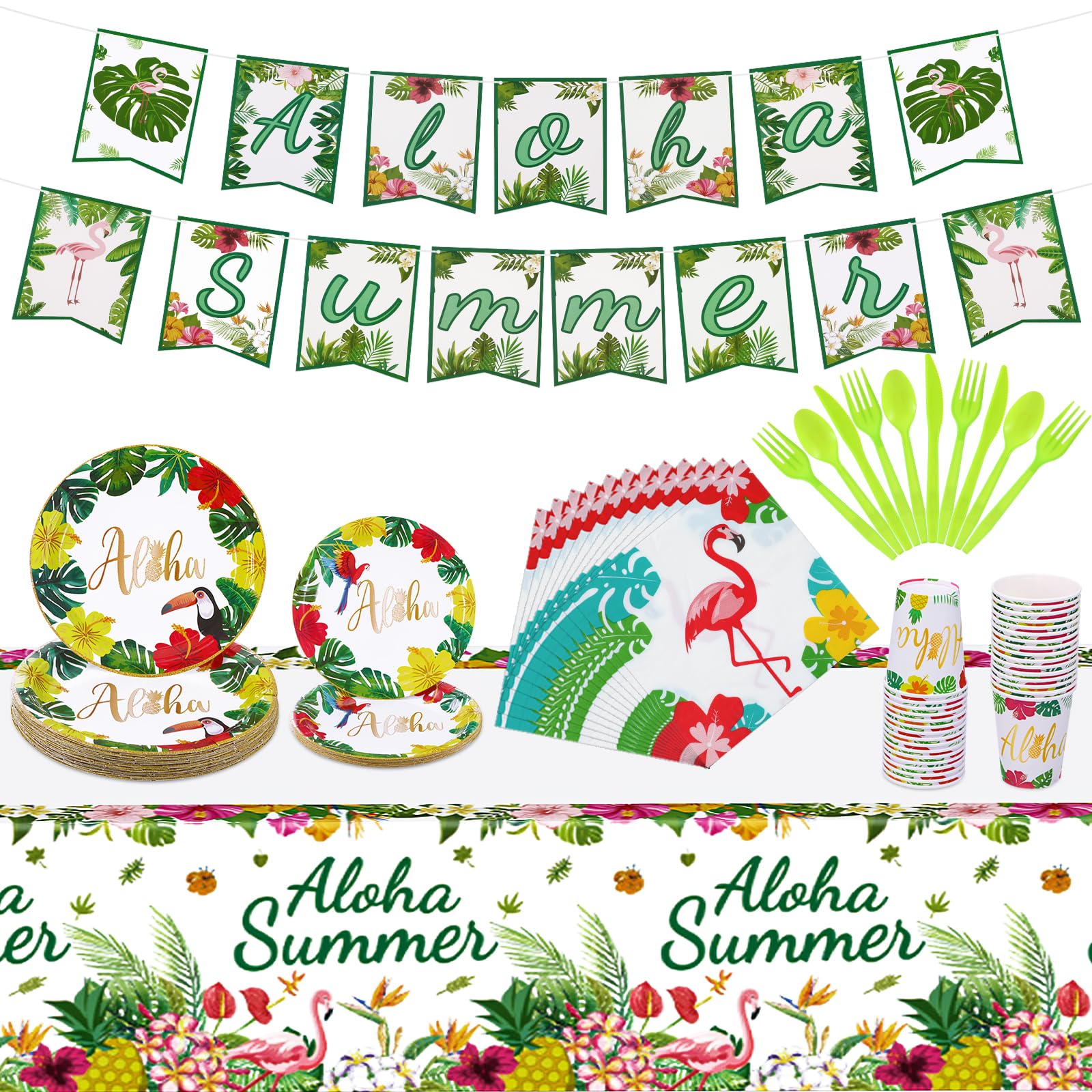 YASUOA Juego de decoraciones de fiesta hawaianas Luau desechables, platos, vasos, servilletas, mantel para verano, decoración hawaiana de fiesta en la playa (tropical)