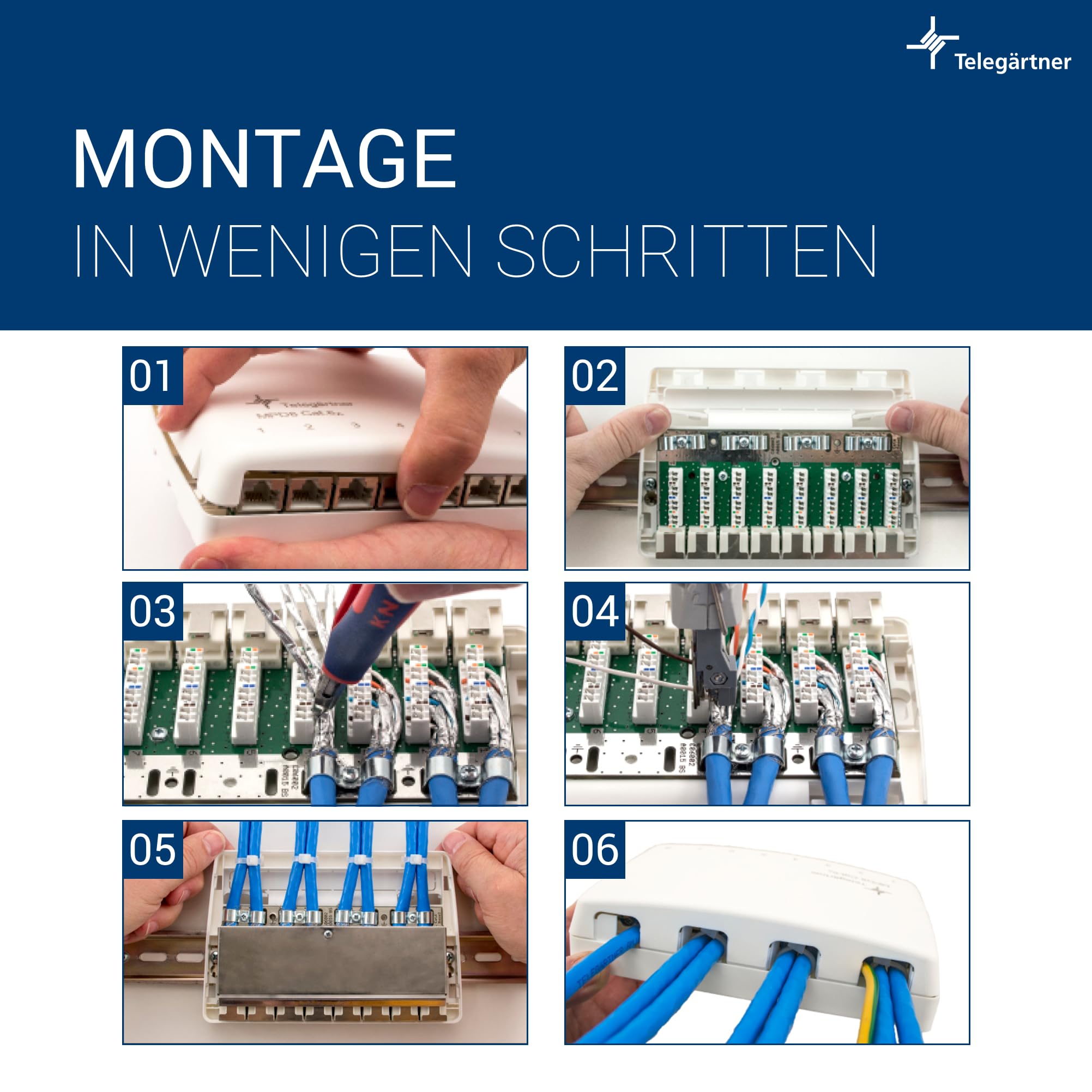 TELEGÄRTNER J02021A0051 Modular Patch Verteiler Kat.6A (tief), 6X RJ45 | 6-fach RJ45 Patchpanel, 360° Schirmung, LSA-Anschluss T568A/B, werkzeugfreie Montage, bis 10 Gbit/s & PoE+ geeignet