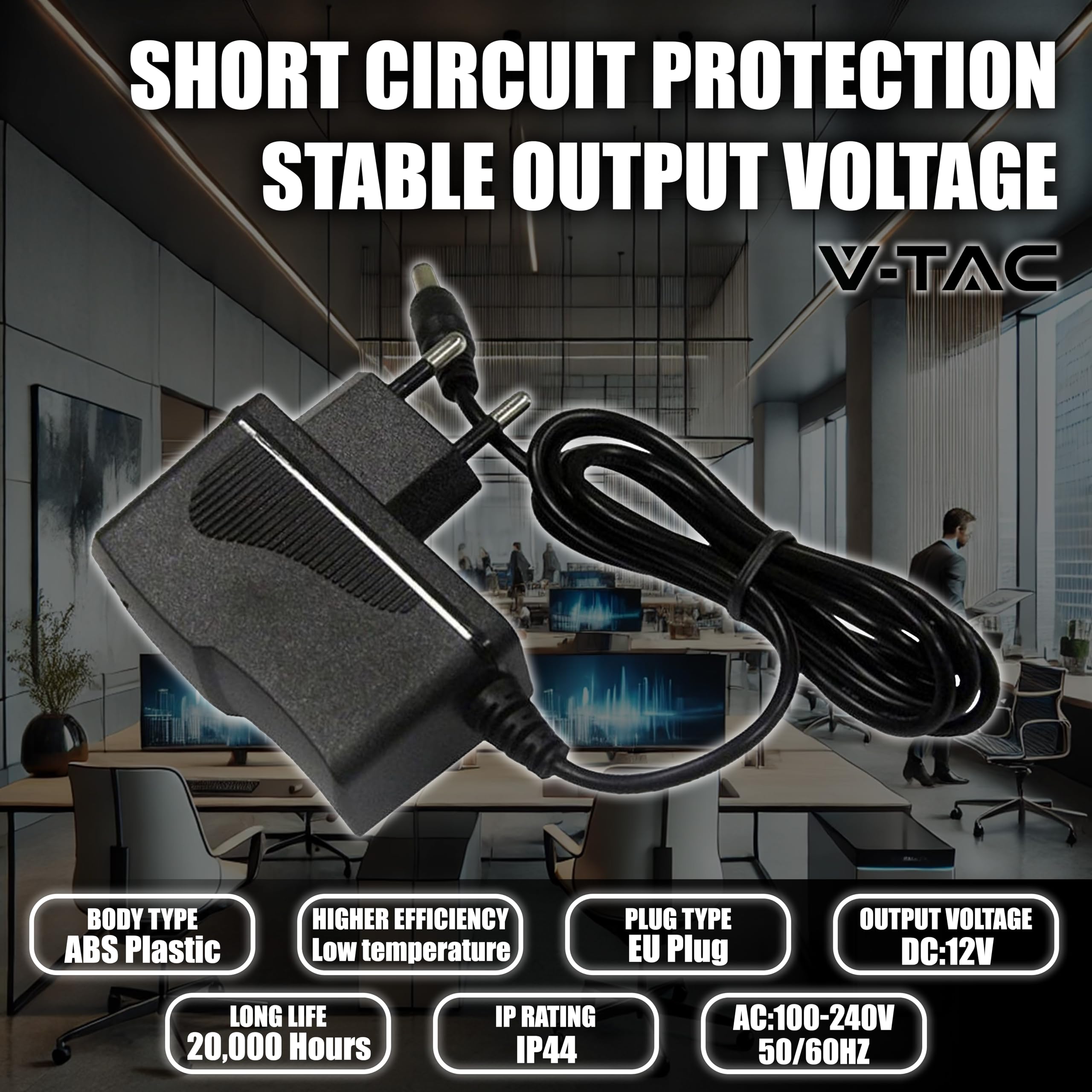 V-TAC Zasilacz 12 V 18 W, 1,5 A do kamer, taśmy LED, modem - transformator 12 V Plug&Play z wtyczką domową do ekranów i urządzeń elektronicznych - Wejście AC 100-240 V - 50/60 Hz
