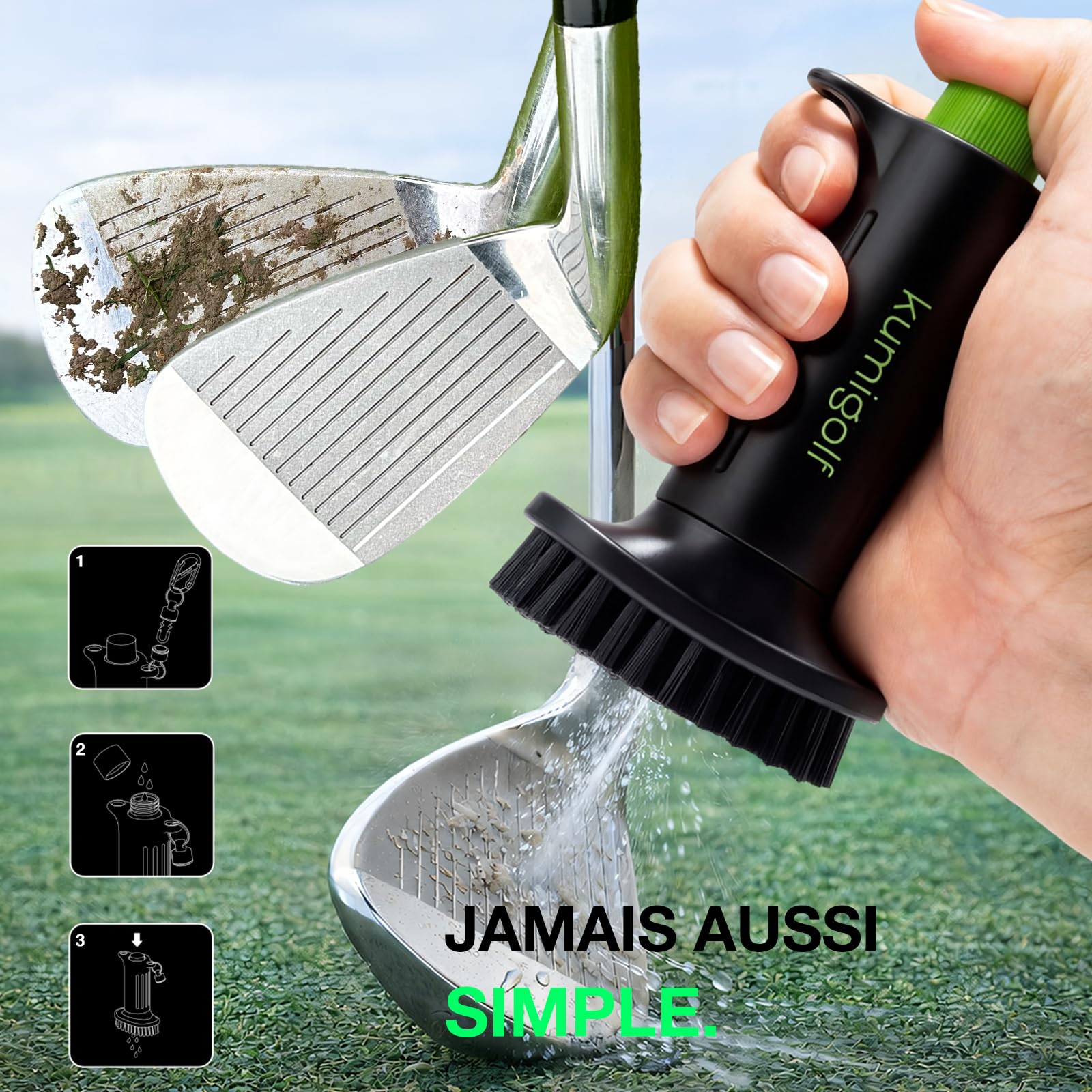 H3 Brosse à eau de golf, fonction de pulvérisation et clips magnétiques, brosse de club de golf et nettoyant de club de golf, poils en nylon de qualité supérieure et solides pour surfaces de