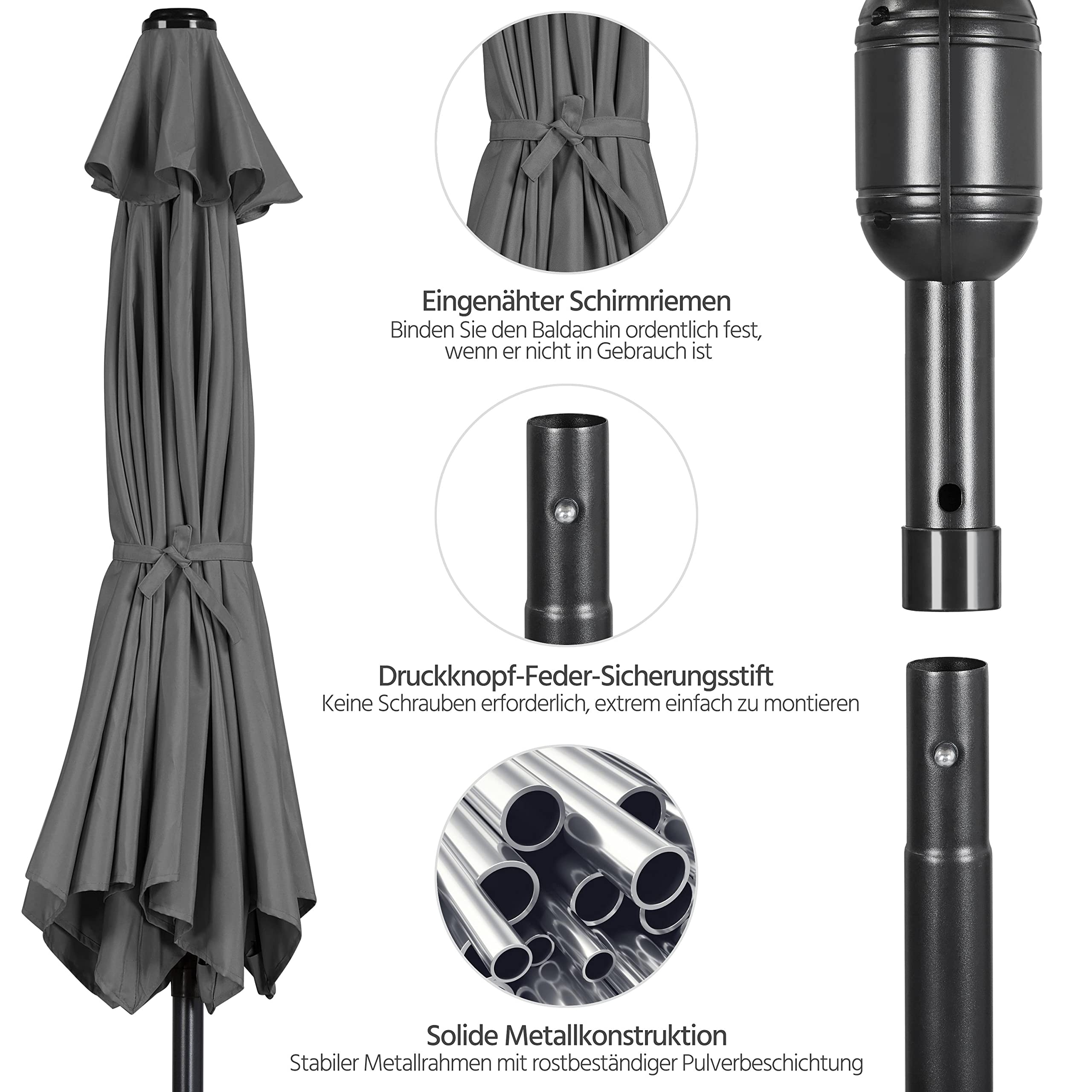 Yaheetech Parasol przeciwsłoneczny, 270 cm, na taras, ogrodowy, składany, z korbą, ochrona przed słońcem, UPF 50+, szary