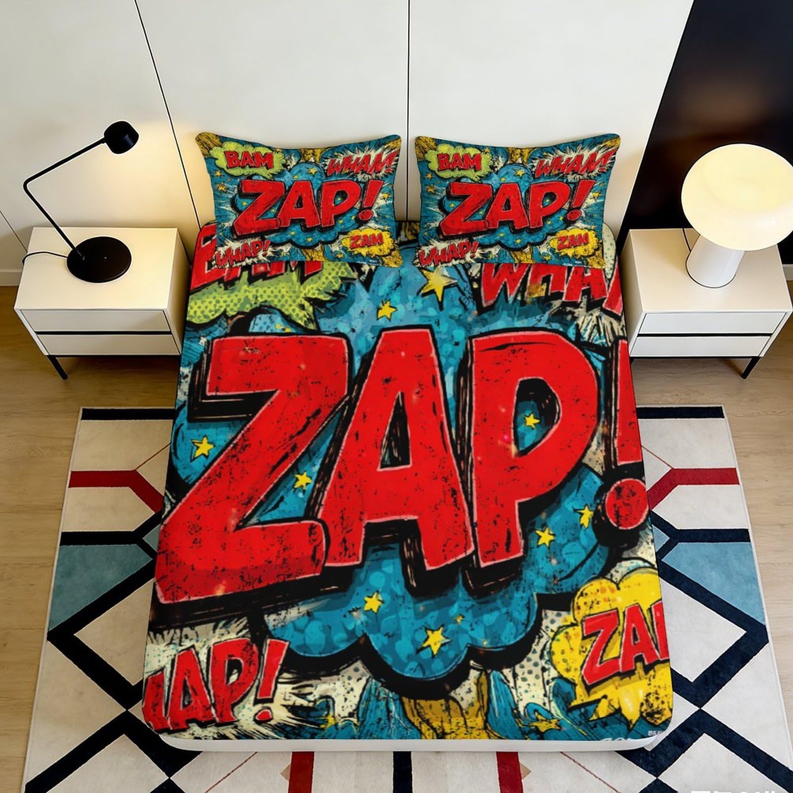 3D Printed vibrant comic pattern Fitted Sheet, Microfiber soft touch, guest room bedding, easy care, stylish decor, dustproof 90x200x25cm