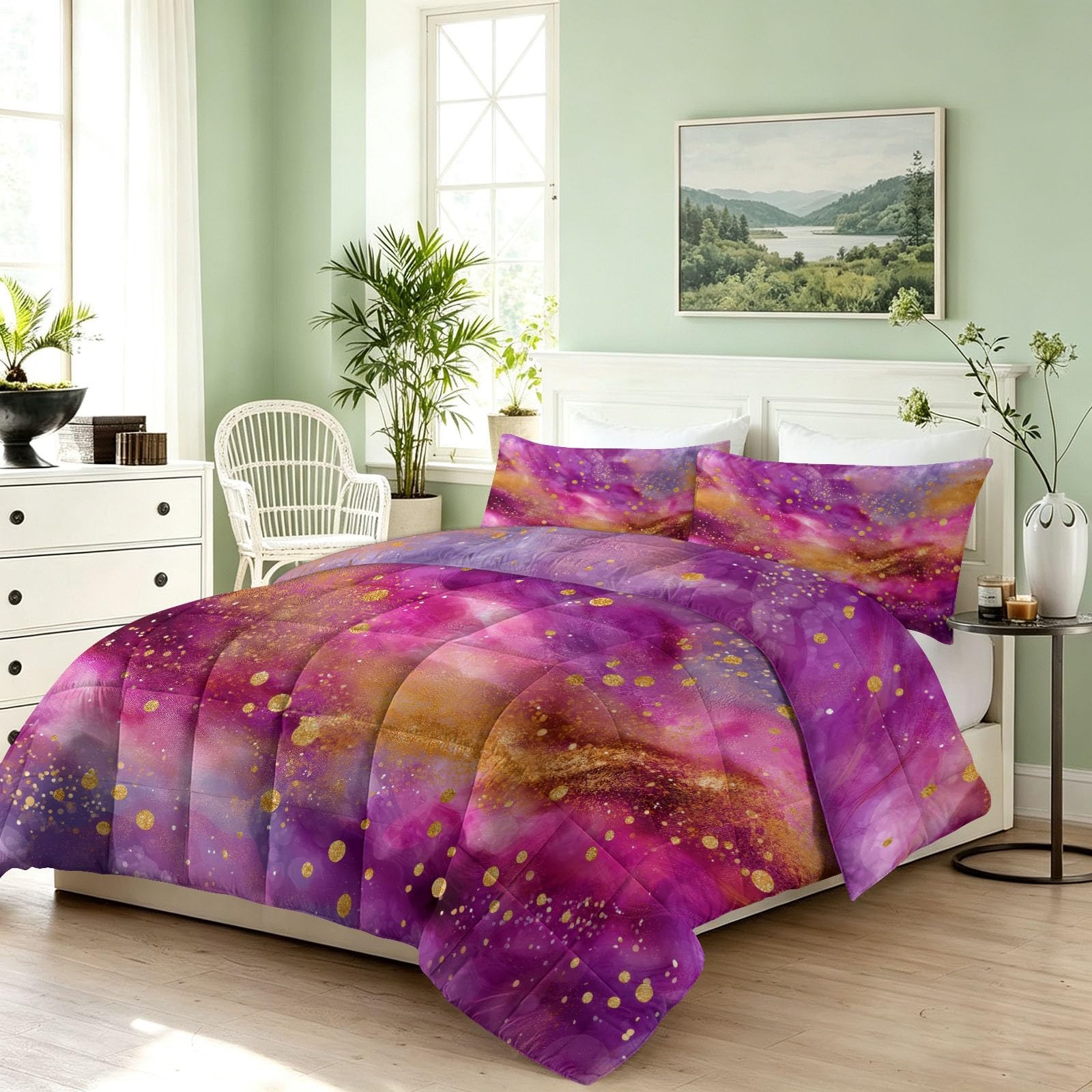 Generisch Traumhaft Mode - Piumino senza rivestimento, 135 x 200 cm, viola fluido con lamina dorata, ipoallergenico, per tutto l'anno, con 2 federe da 80 x 80 cm, reversibile, lavabile, 4 stagioni