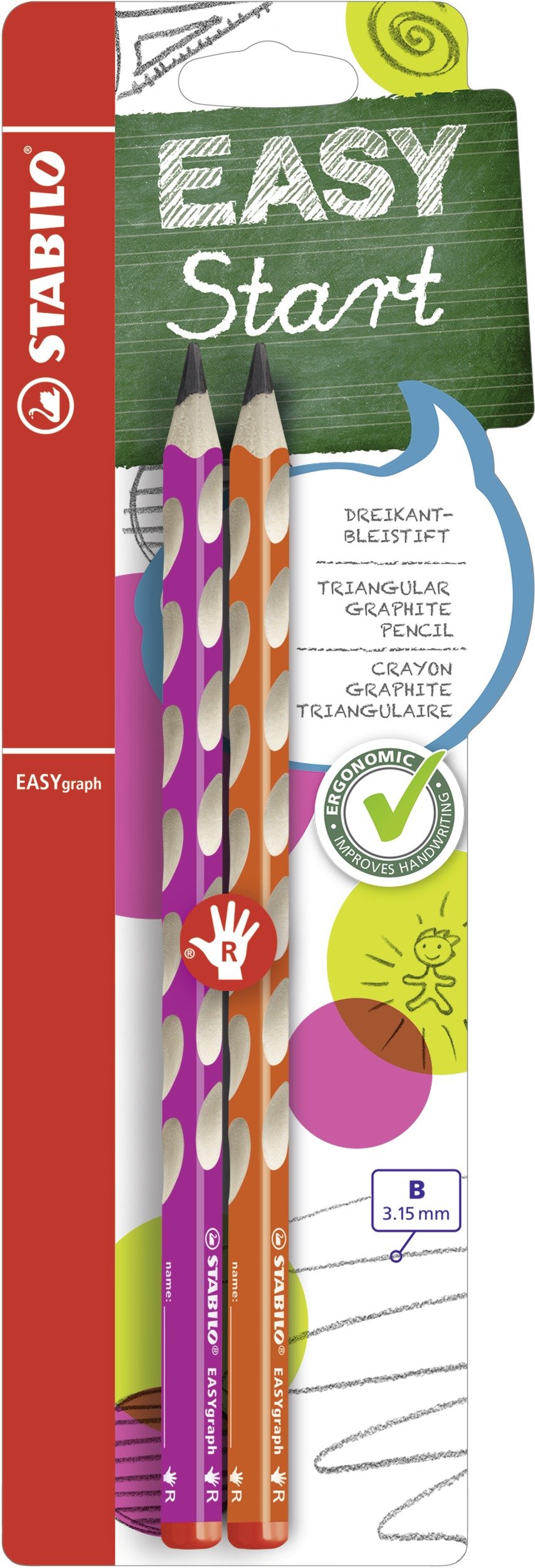 STABILO - Lápiz ergonómico STABILO EASYgraph S para diestros - Blister con 2 unidades - Color rosa y naranja