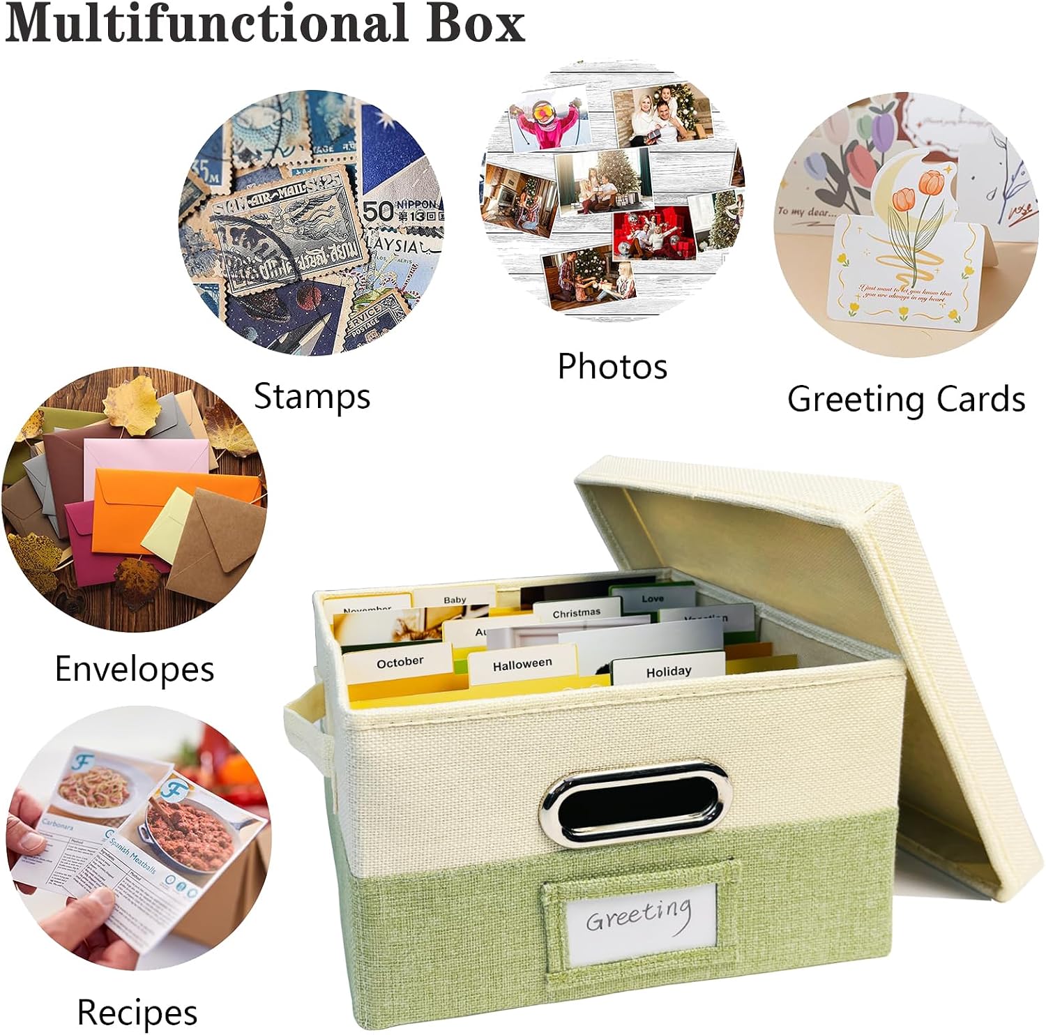 Greeting Card Organizer Box, Card Storage Box with 20 Removable Dividers & 84 Labels, Foldable Storage Box with Lids for Photos, Postcards, Graduation Card, Birthday Cards Holder Sewing(Beige & Green)