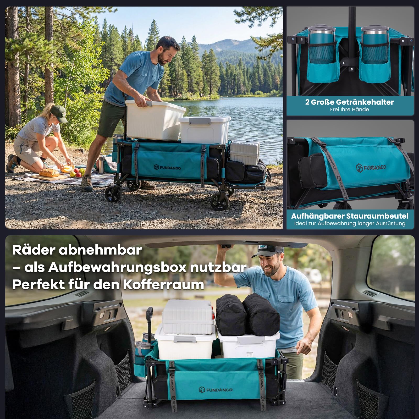 FUNDANGO XXL Bollerwagen Faltbar 180KG 200L mit Heckklappe, 114CM Extra Lang, Kompakt Zusammenklappbar (1/8 Größe), All-Terrain Räder für Camping, Strand & Einkauf