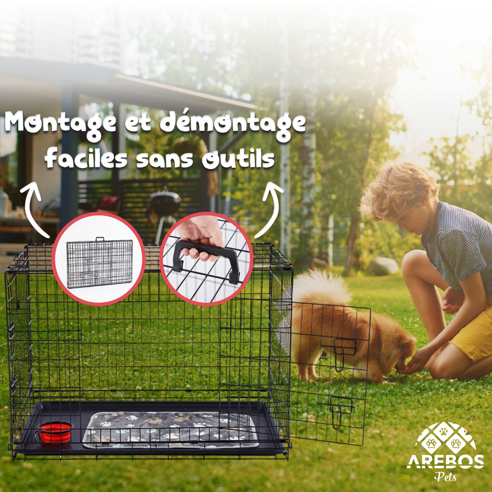 Arebos Cage pour Chien 107x71x77,5 cm | Cage de Transport Pliable pour Chien | Cage de Transport pour Chien à 2 Portes | Cage pour Chien d'intérieur | XL Noir