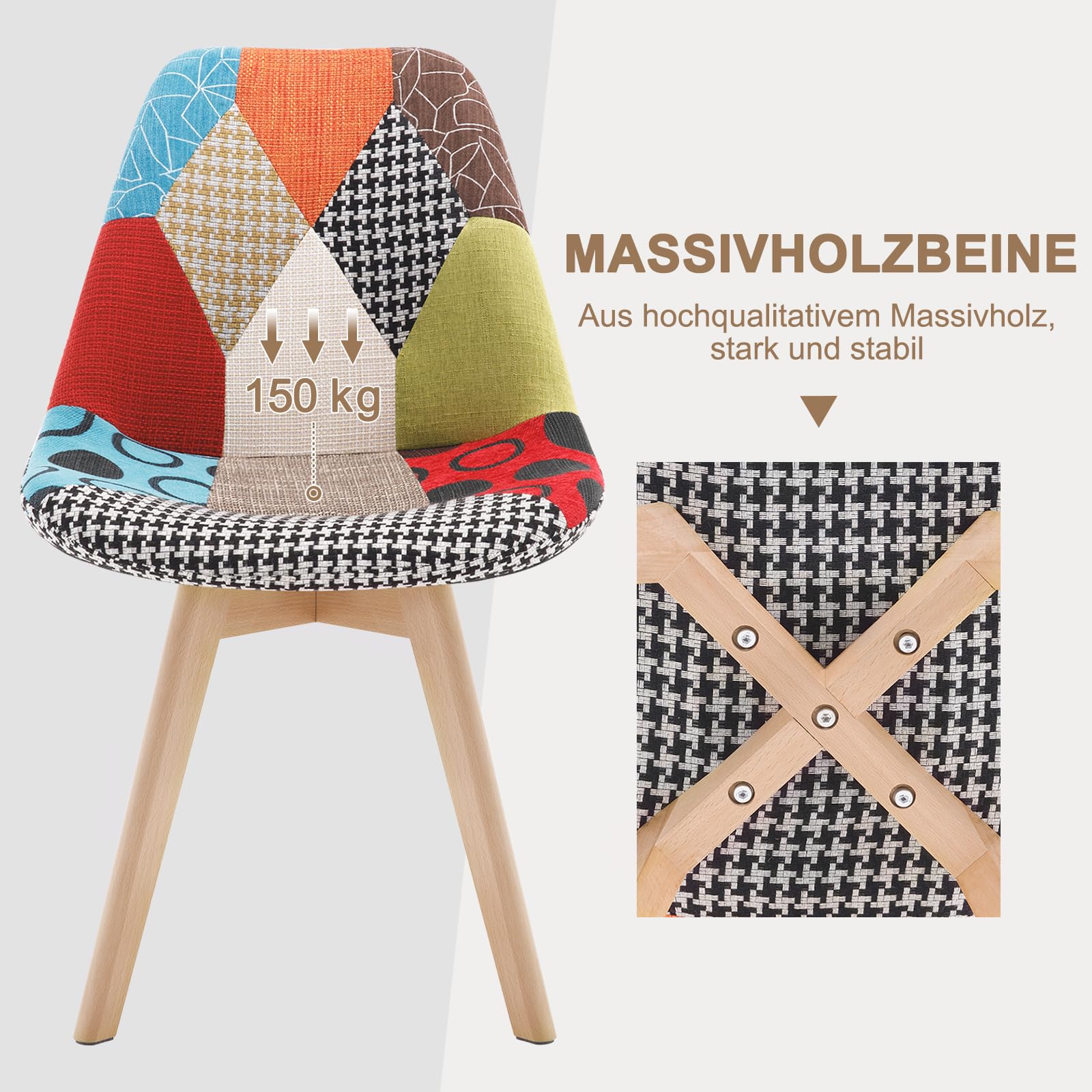 WOLTU Esszimmerstühle 2er Set, Küchenstühle mit Patchwork Design, Massivholz Beinen, Leinen, bis 150 kg belastbar, Mehrfarbig