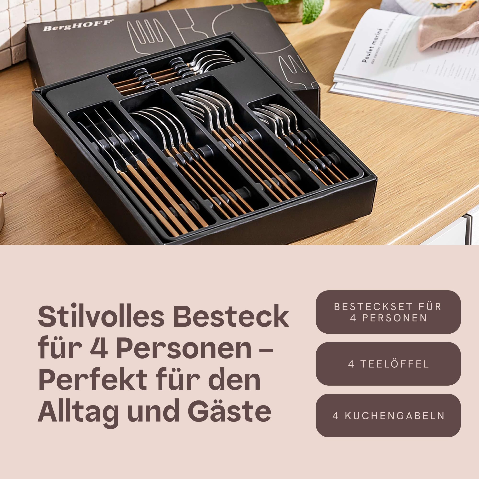 BergHOFF Home Besteck Set für 4 Personen - Besteckset 20tlg. aus Edelstahl – Rosegold Geschirrset spülmaschinenfest – Essservice Set