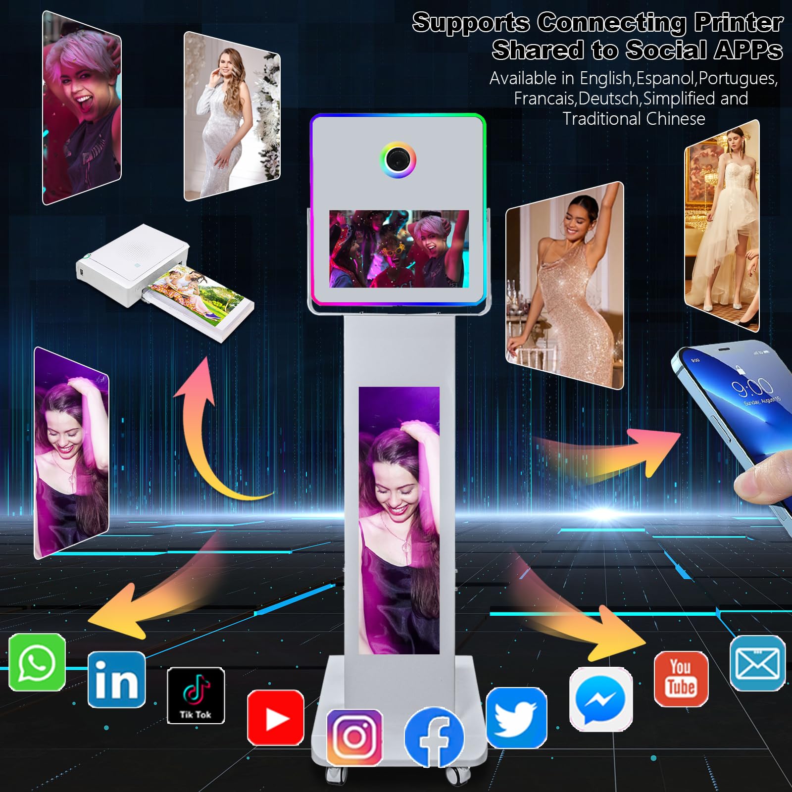 Maszyna do fotobudki z 29-calowym ekranem LCD, światłem wypełniającym RGB, ekran dotykowy 39.6 cm, urządzenie do fotobudki, na imprezy, wesela, wydarzenia (maszyna + kamera)