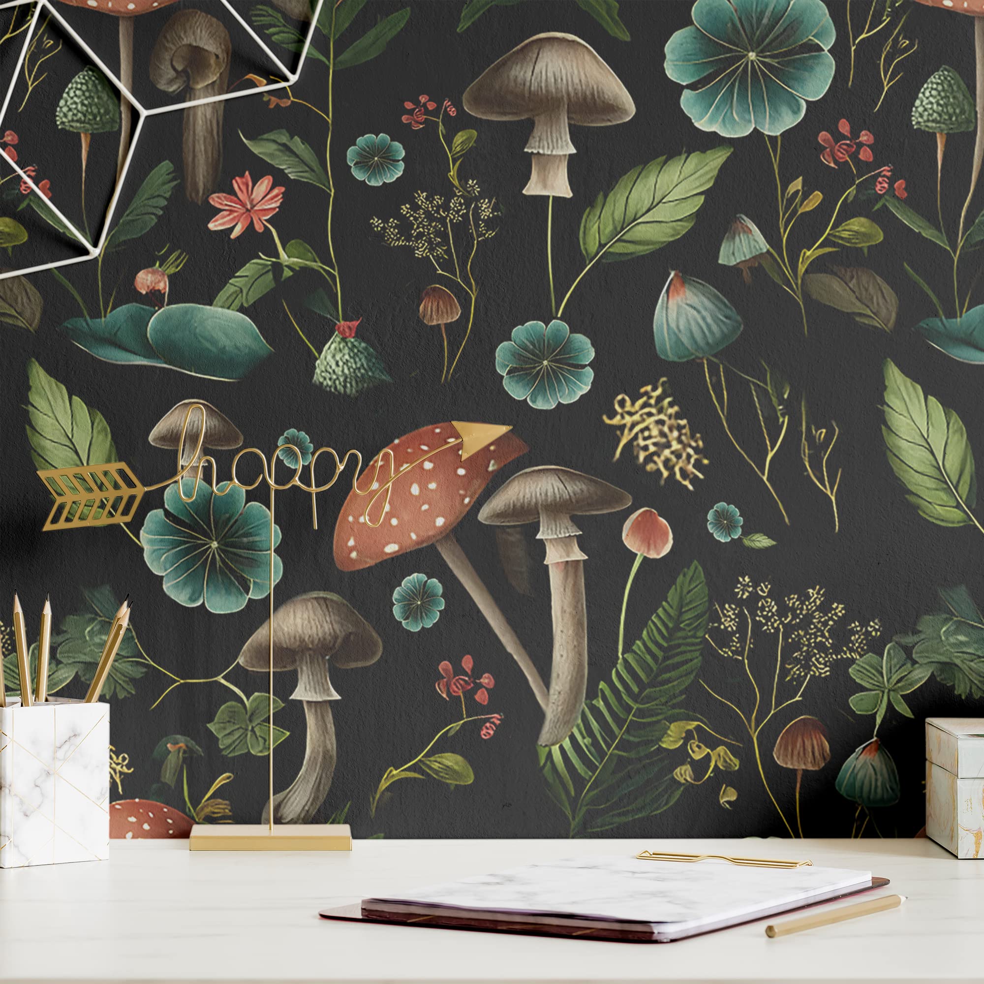 Optimistic Pixel Design Dark Forest Mushroom Peel and Stick Wallpaper - Removable Luxury Wall Decor - Vintage Botanical Temporary Decal, Black Mushroom Wall Mural (2x4 Feet (24" x 48"))