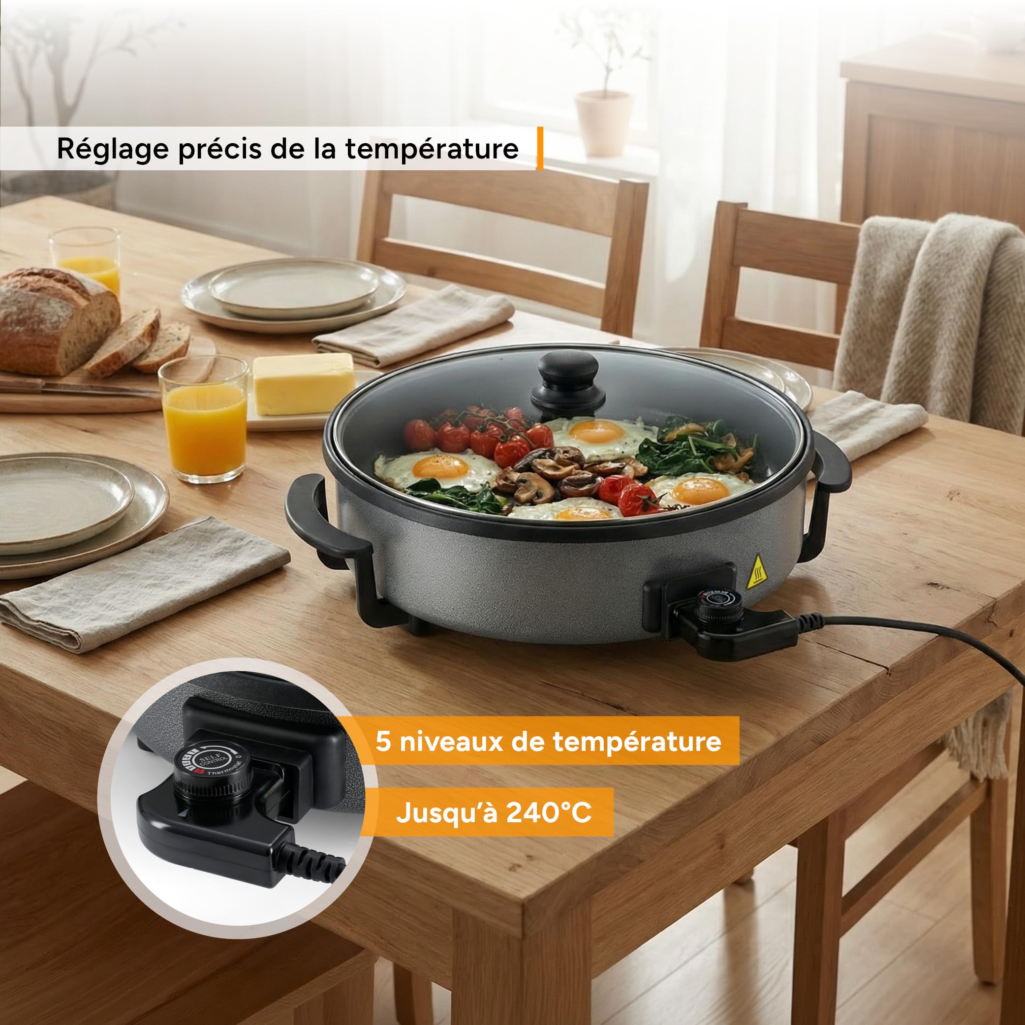 TZS First Austria - Poêle Électrique Multicuisseur 6,5L - Ø40cm - 1500W - Thermostat Réglable 5 Niveaux (jusqu'à 240°C) - Couvercle en Verre & Revêtement Antiadhésif - Idéal Fêtes et Paëlla - Gris
