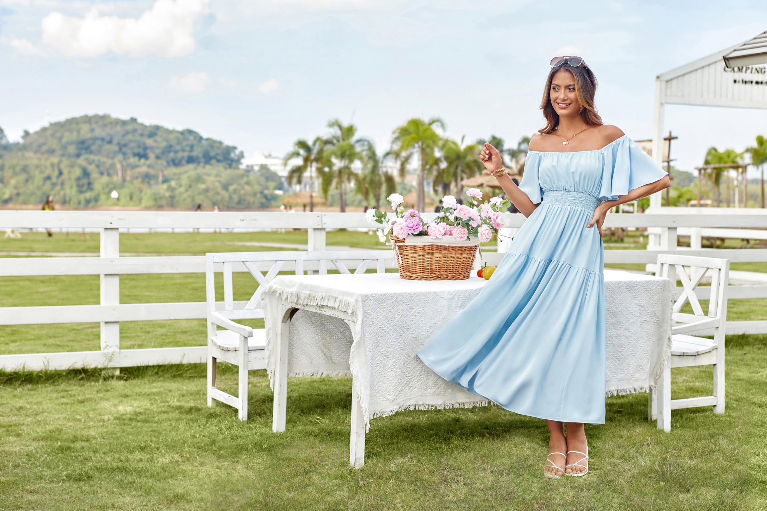 GRACE KARIN Robe longue d'été à manches courtes et col carré pour femme - Taille smockée - Décontractée - Vacances