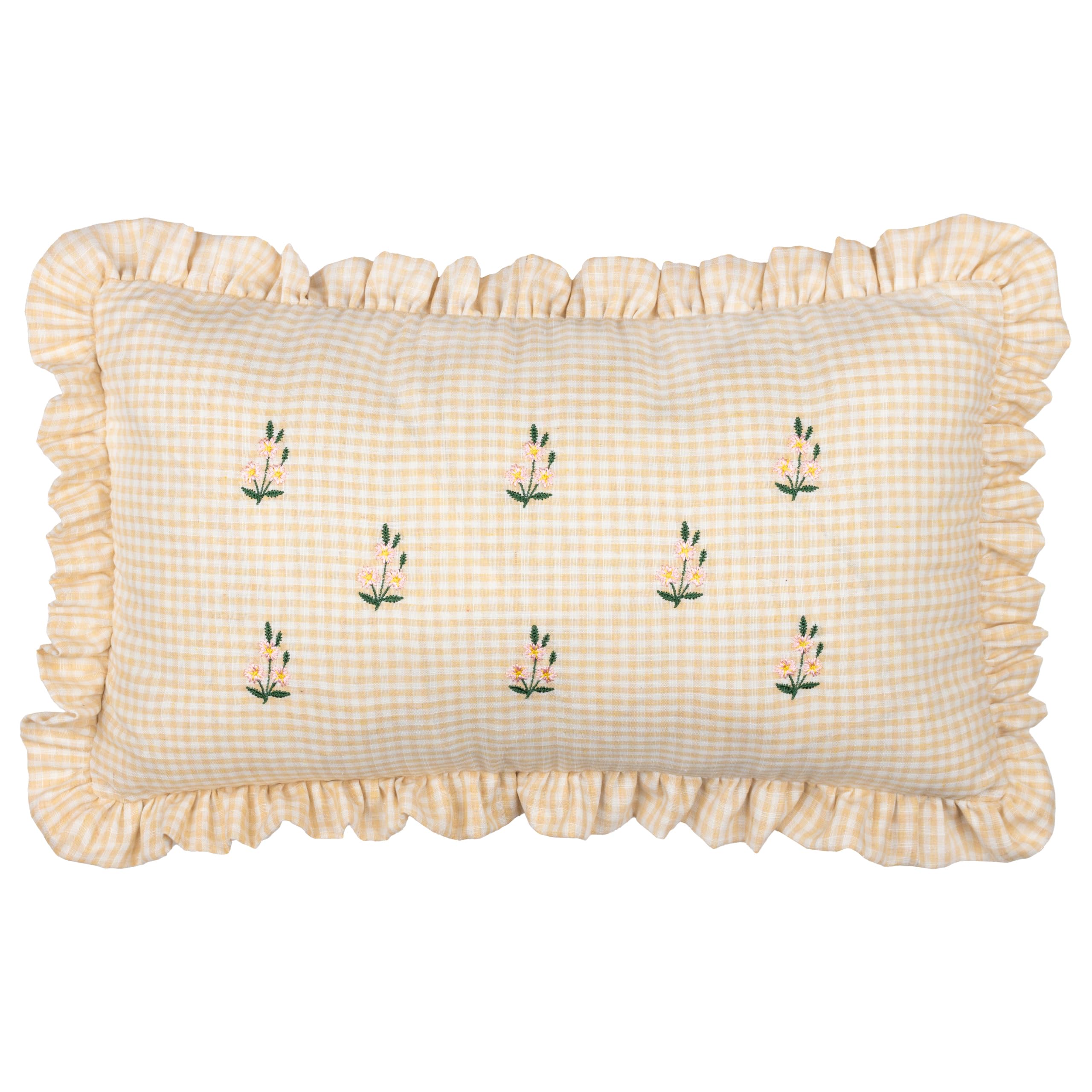 furn. Les Petite Fleurs Cushion Cover – Embroidered Floral Ruffle Trim Gingham Decorative Case (Natural – 30x50cm)