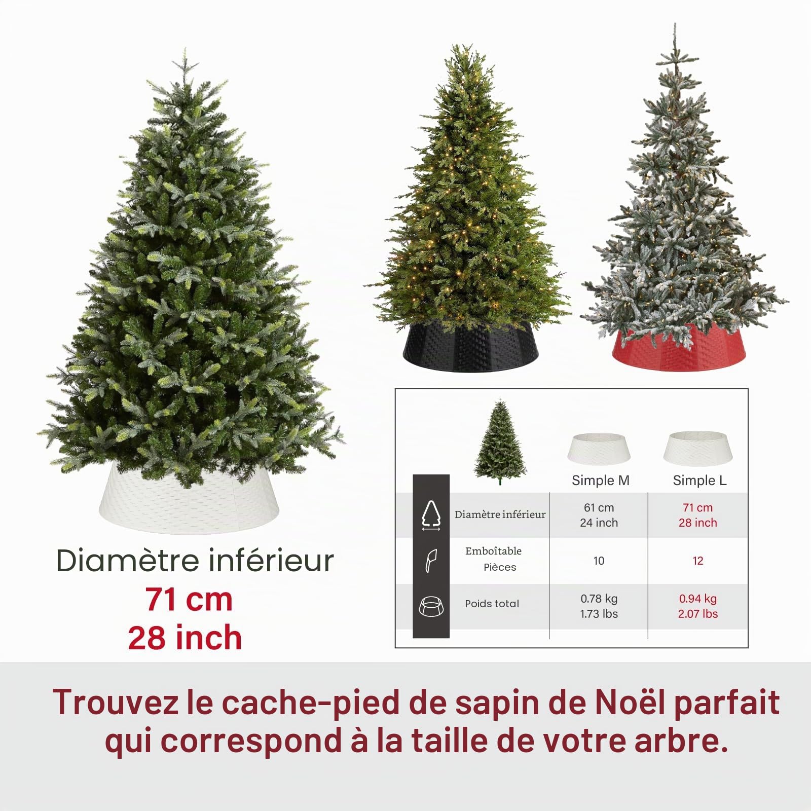 Jupe de sapin de Noël ronde respectueuse de l'environnement – Collier de sapin de Noël robuste et durable – Jupe de sapin de Noël en rotin tissé – 12 anneaux en plastique pour arbres artificiels ou