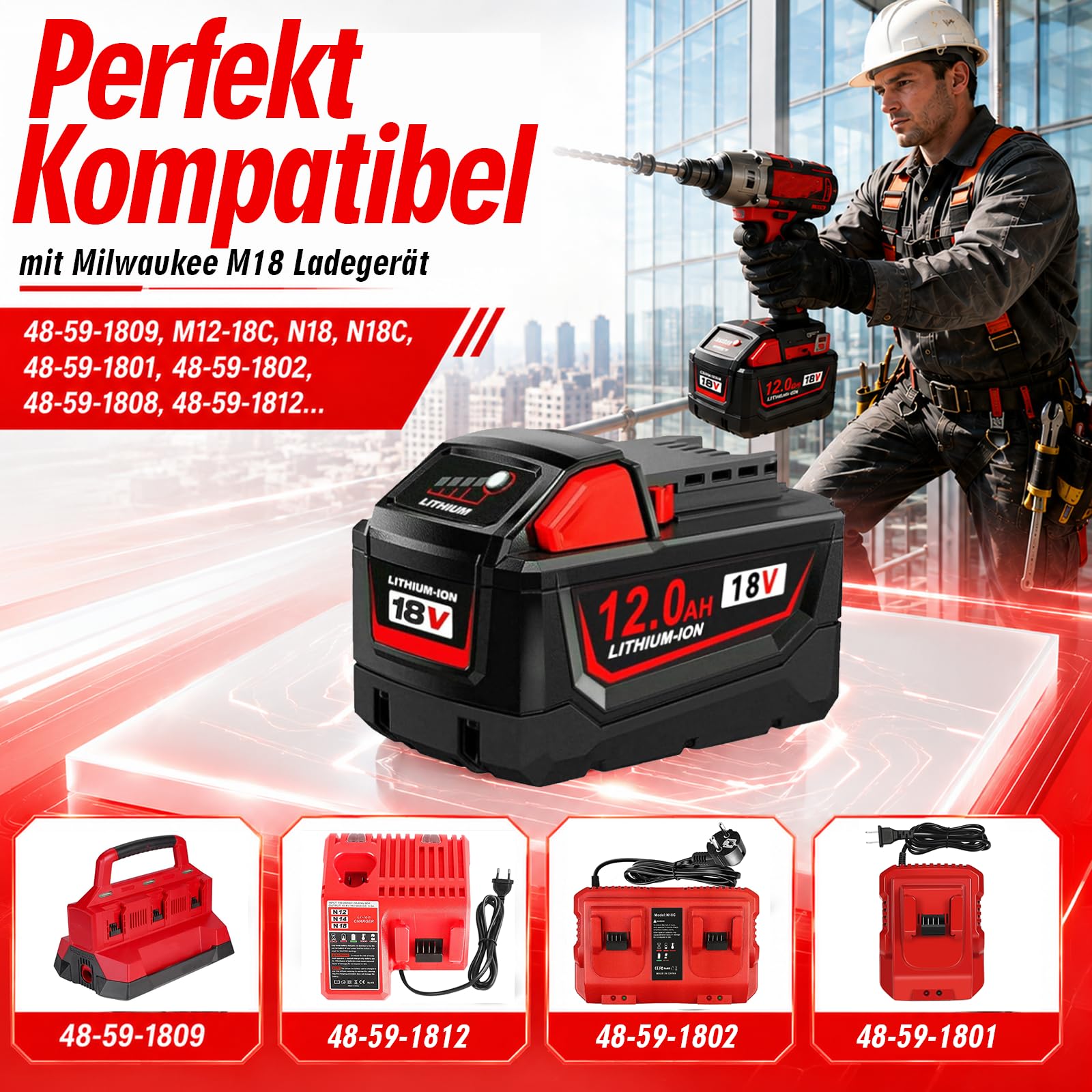 12000mAh Lithium Ersatz für Milwaukee M18 Akku 12.0Ah Kompatibel mit Milwaukee Akku 18V 48-11-1815, 48-11-1841, 48-11-1850, 48-11-1828, 48-11-1840 mit LED-Anzeige (1 × 12.0Ah)
