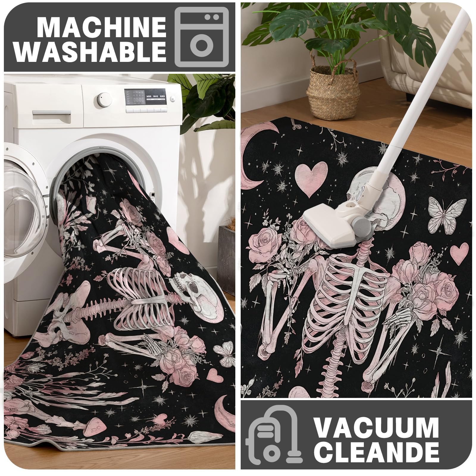 Zerbino per Ingresso 60 x 90 cm, Tappetino Rose Rosa Luna Scheletro Umano, Zerbini Guarigione Stile Oscuro Con Fondo Gomma Antiscivolo per Corridoio, Porta D'ingresso, Camera Da Letto