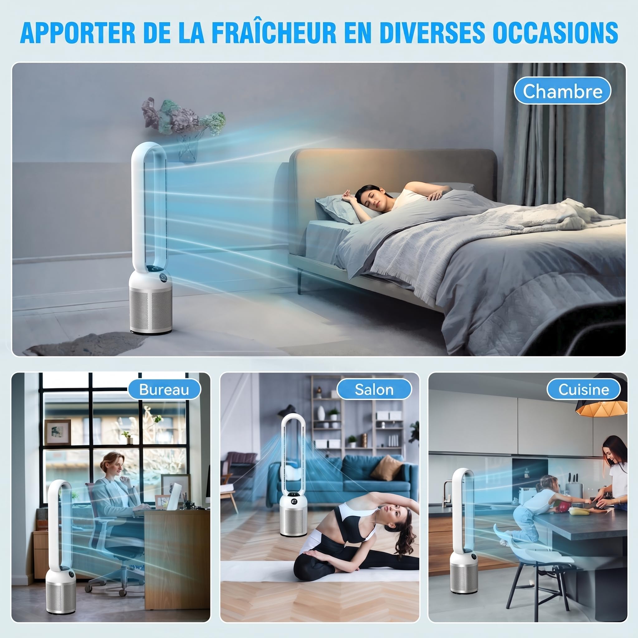 YAZEKY Ventilateur Colonne Sans Pale 101 cm, 24 Vitesses Ventilateur Tour Silencieux, Ventilateur de Sol Oscillant à 90, Écran LCD, Minuterie De 12H, Ventilateur Sur Pied Pour Chambre& Bureau (Argent)