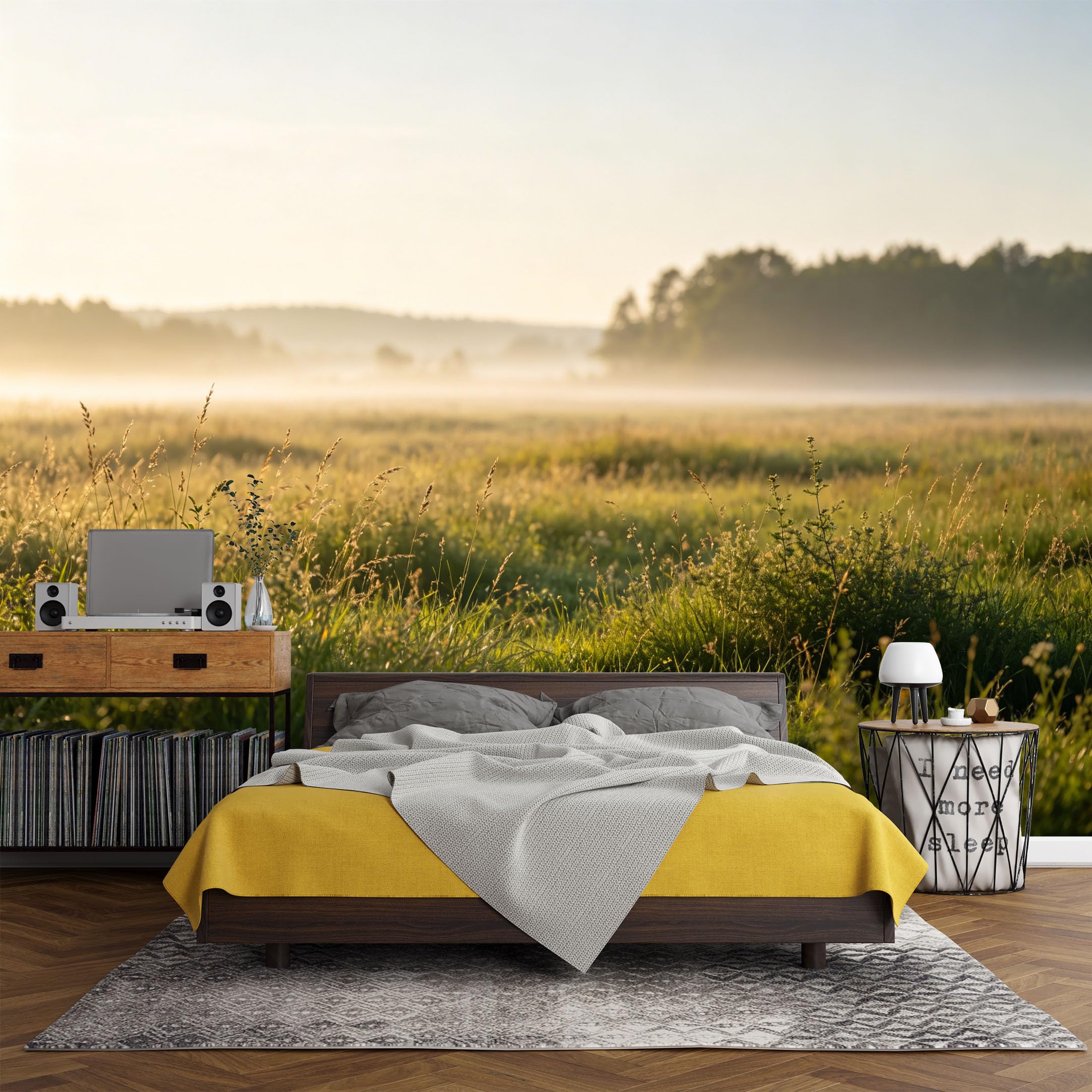 Custom Size Wall Mural， Landscape Sunrise Meadow Mist Forest Horizon，SelfAdhesive Art Prints wall Fabric (No PVC) Removable Wallpaper Living Room Decor