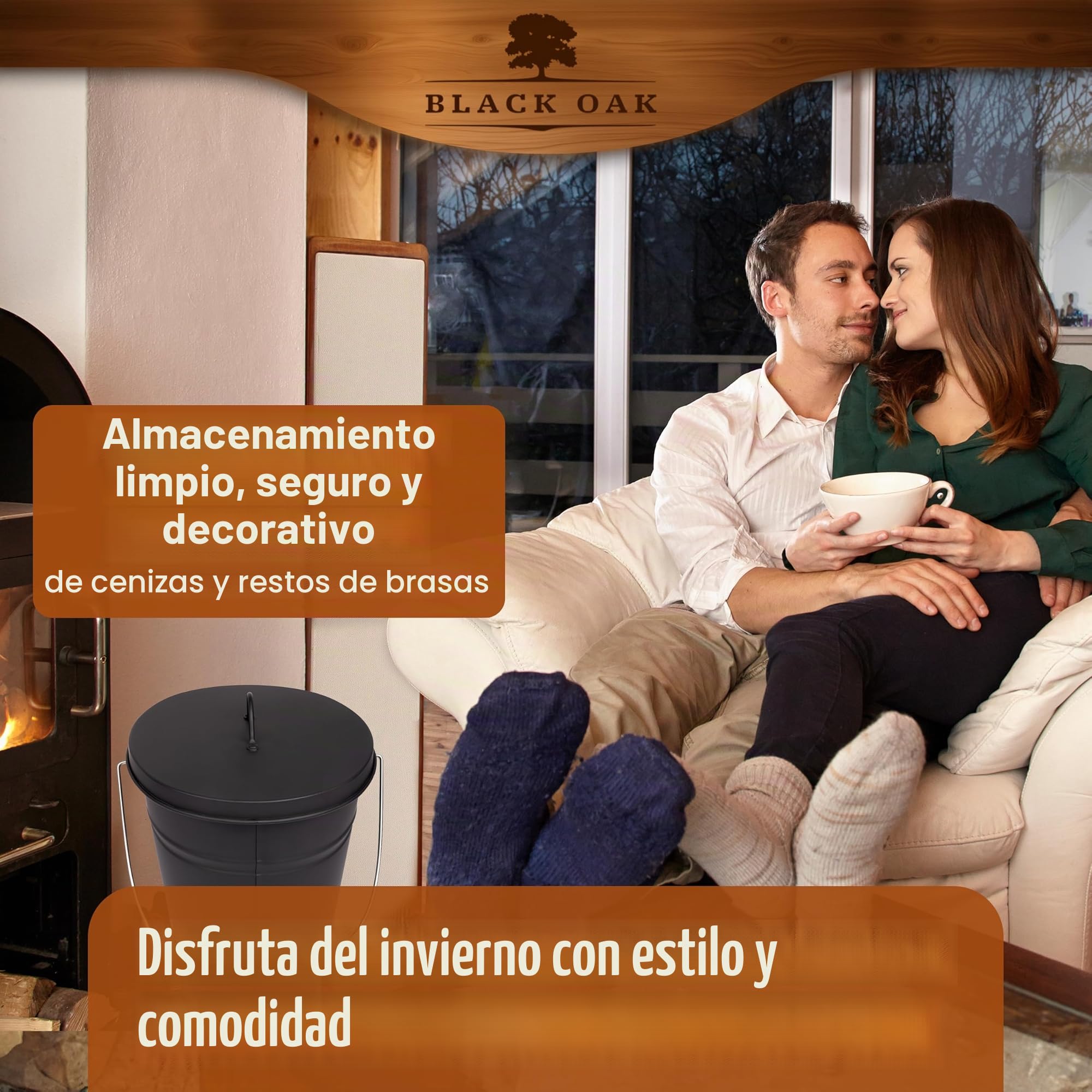 BLACK OAK Ascheeimer Vesuvio 15L – negro ovalado con tapa - grande 15 litros - acero resistente al fuego galvanizado y con recubrimiento en polvo, cubo para cenizas y carbón, accesorio ideal para